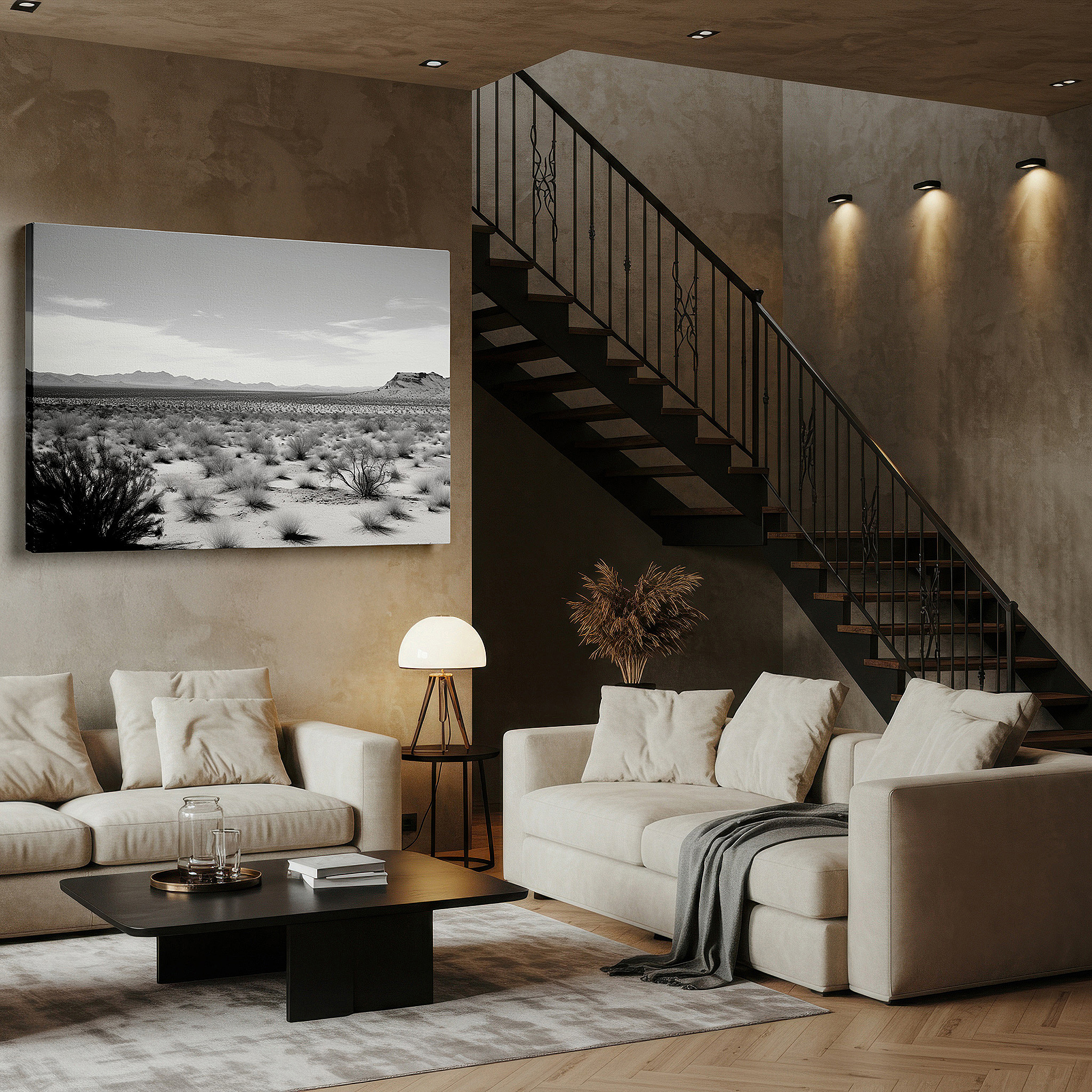 Back view reveals professional finishing and solid wood frame — monochrome serene desert dunes, tranquil nature scene with dynamic light and shadow, large wall art, canvas wall art, wall decor