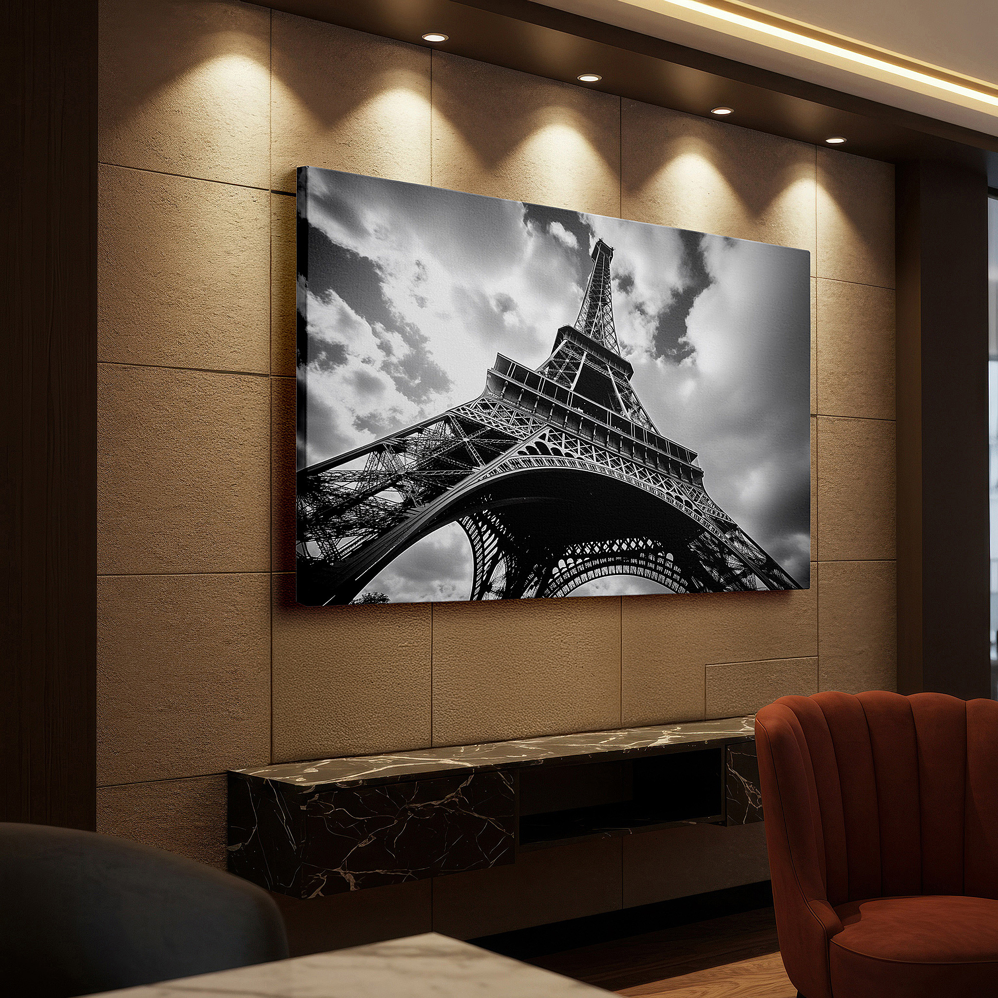 Back view reveals professional finishing and solid wood frame — monochrome tribute to the timeless elegance of the eiffel tower: iconic architecture large wall art, canvas wall art, wall decor for office