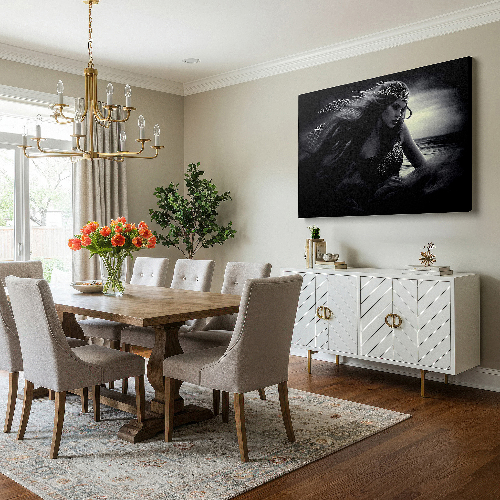 Back view reveals professional finishing and solid wood frame — mystical mermaid emerging from the ocean depths, ethereal fog and wave blend, large canvas wall art for office and bedroom decor
