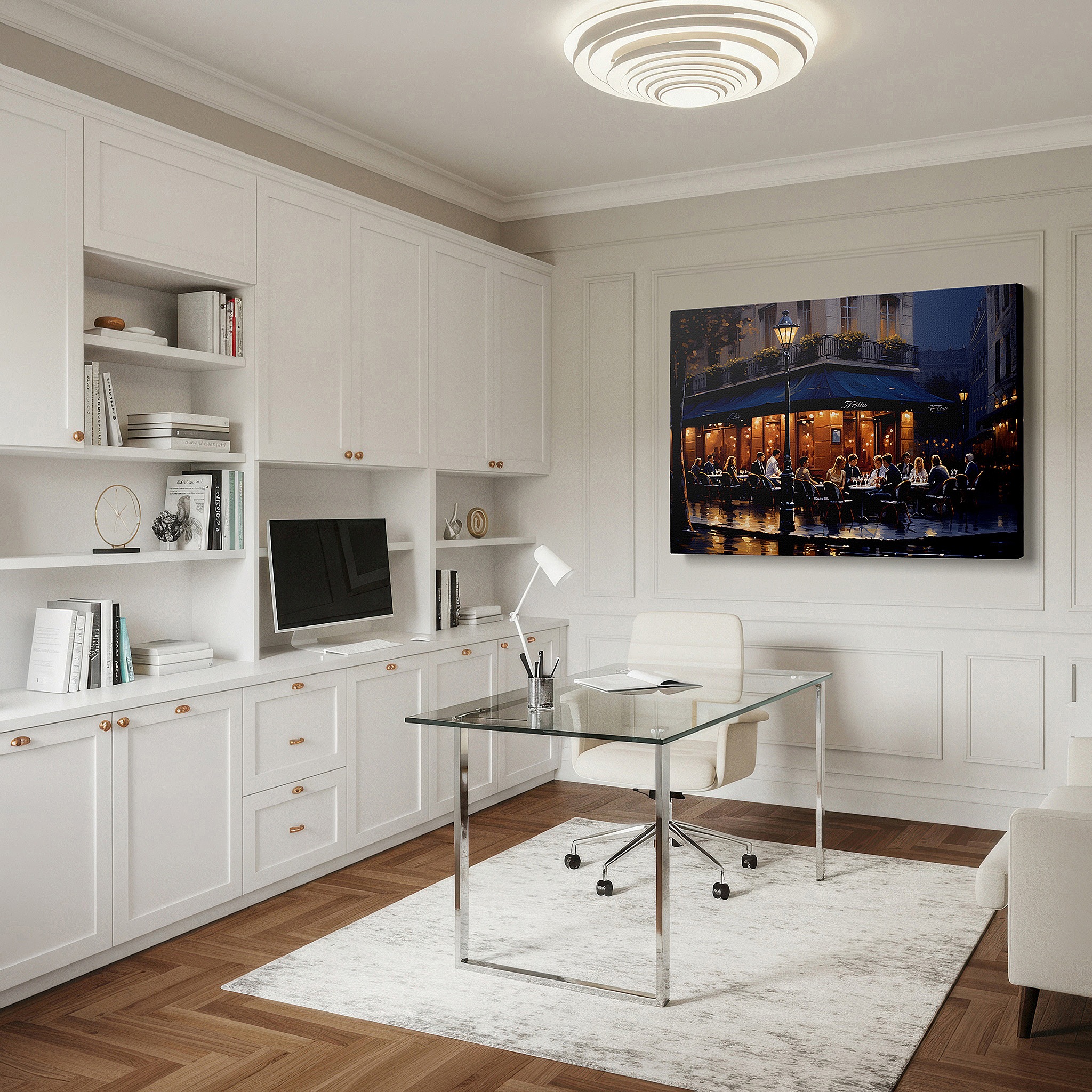 Back view reveals professional finishing and solid wood frame — parisian bistro ambiance on a rainy evening large canvas wall art for office, bedroom, and living room decor