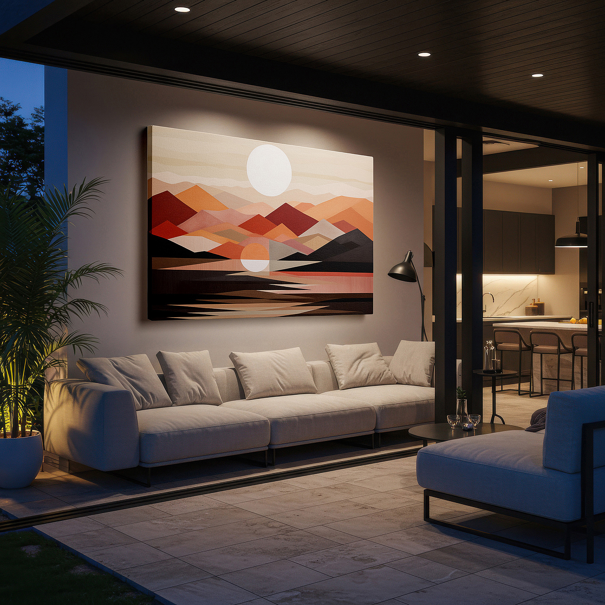 Back view reveals professional finishing and solid wood frame — radiant sun and majestic mountain abstract art, emotive warm hues and bold strokes, large canvas wall decor for office