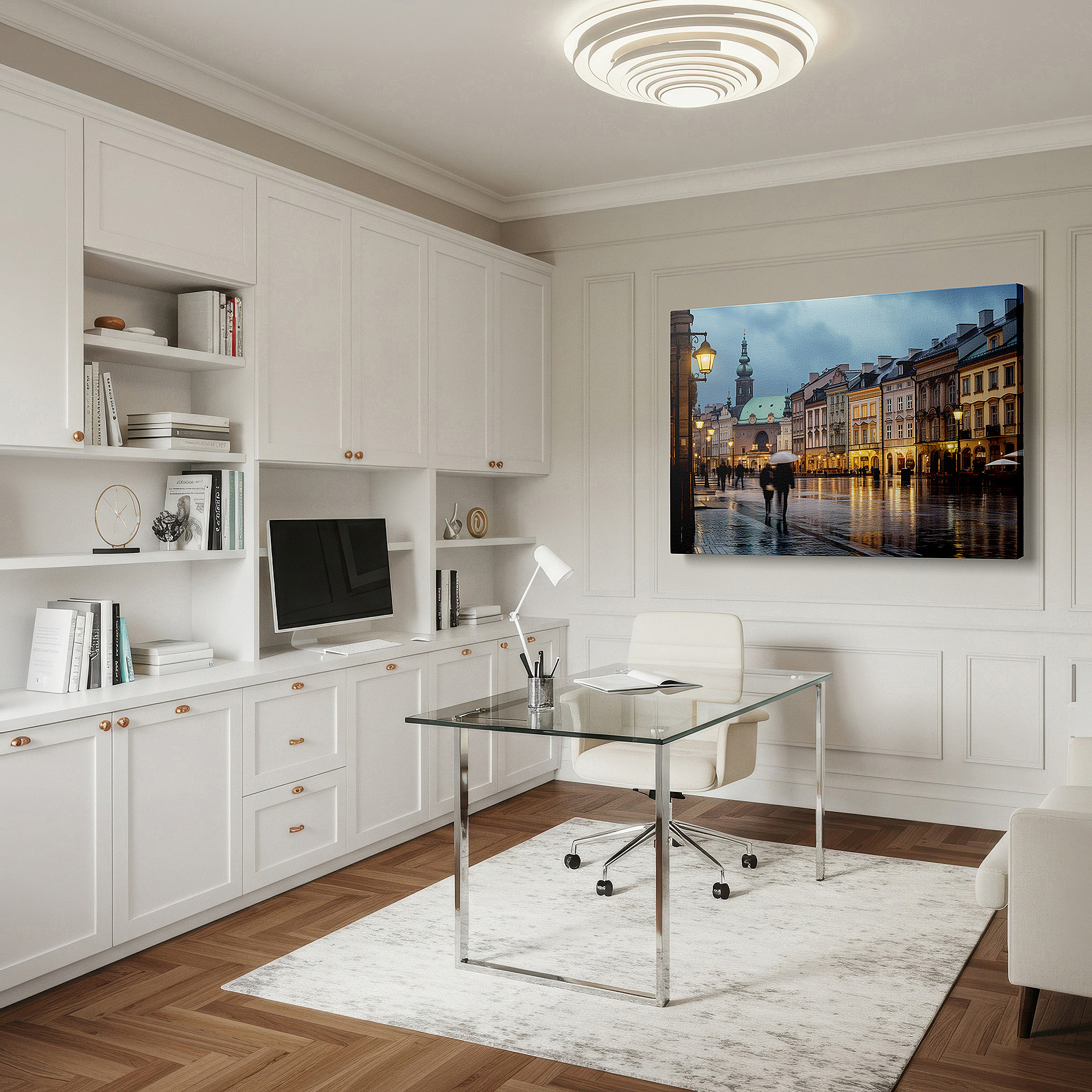 Back view reveals professional finishing and solid wood frame — rainy day musings on a cobblestone street featuring vibrant umbrellas and old-world appeal - large canvas wall art for home and office decor