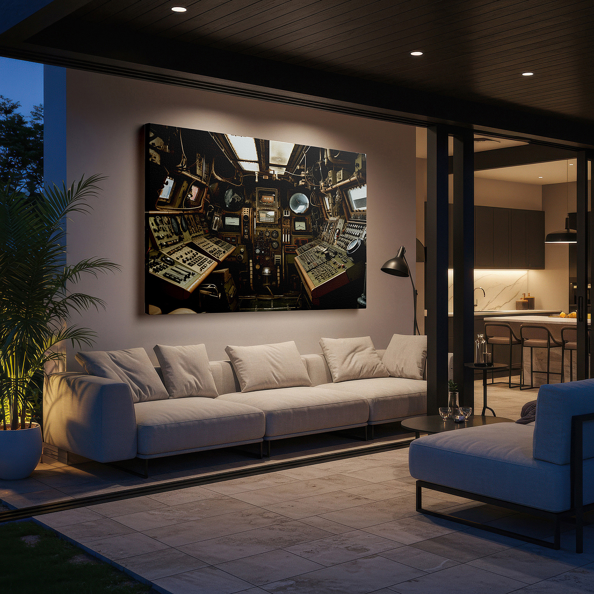 Back view reveals professional finishing and solid wood frame — retro control room wall art - a vivid display of technological evolution featuring detailed machinery and human ingenuity, available as large canvas wall art
