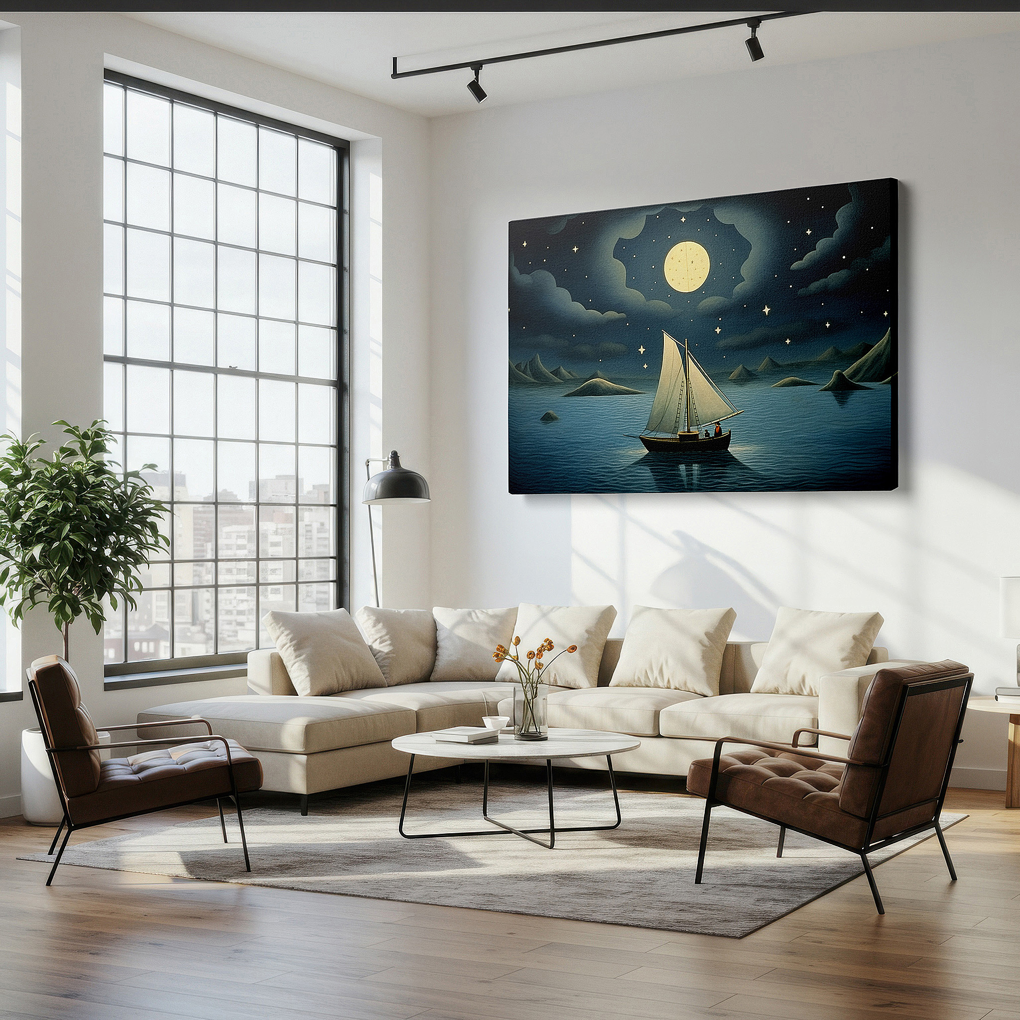 Back view reveals professional finishing and solid wood frame — sailboat under starlit skies wall art - tranquil journey across calm waters, large canvas wall decor for office and bedroom