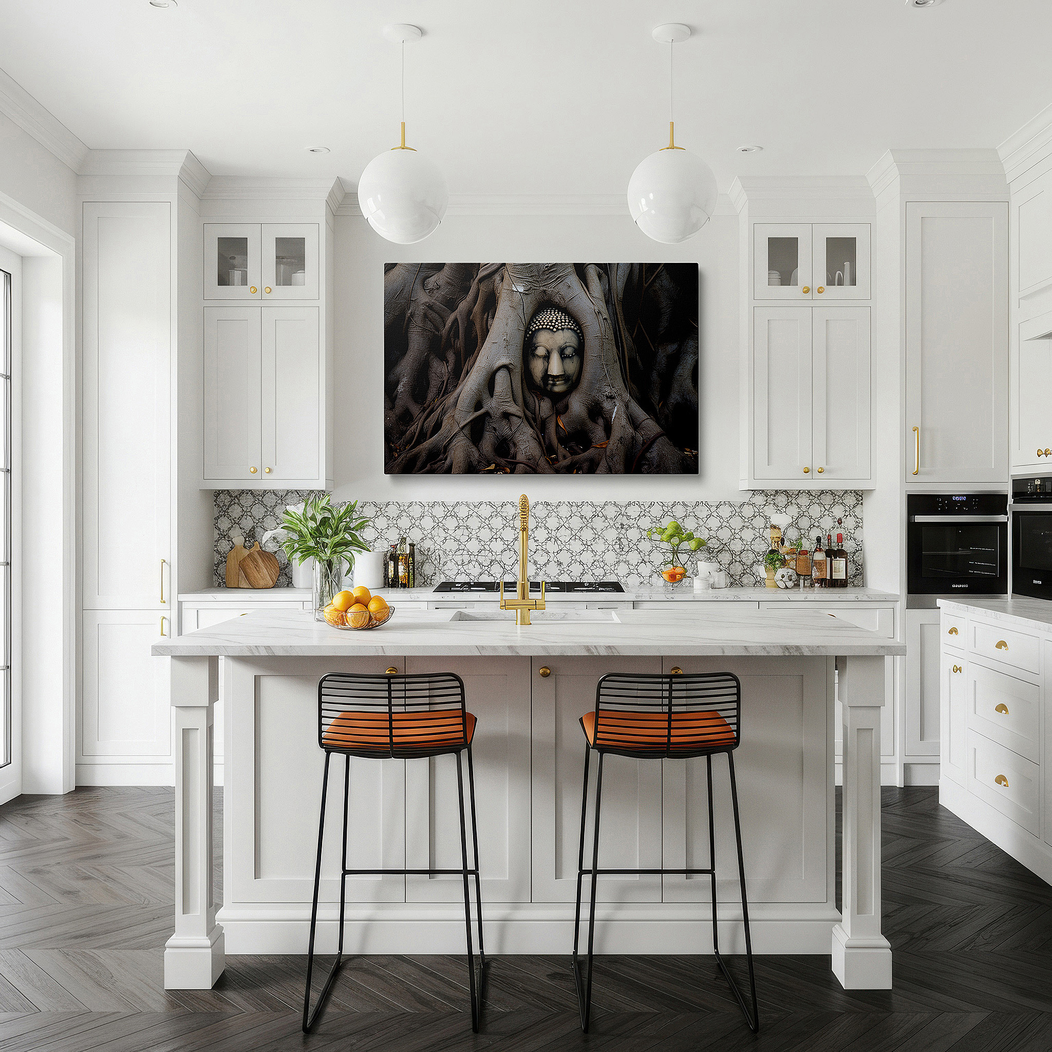 Back view reveals professional finishing and solid wood frame — serene buddha amidst ancient roots wall art: a symbol of peace and nature's embrace - ideal for office and bedroom decor, large canvas wall art