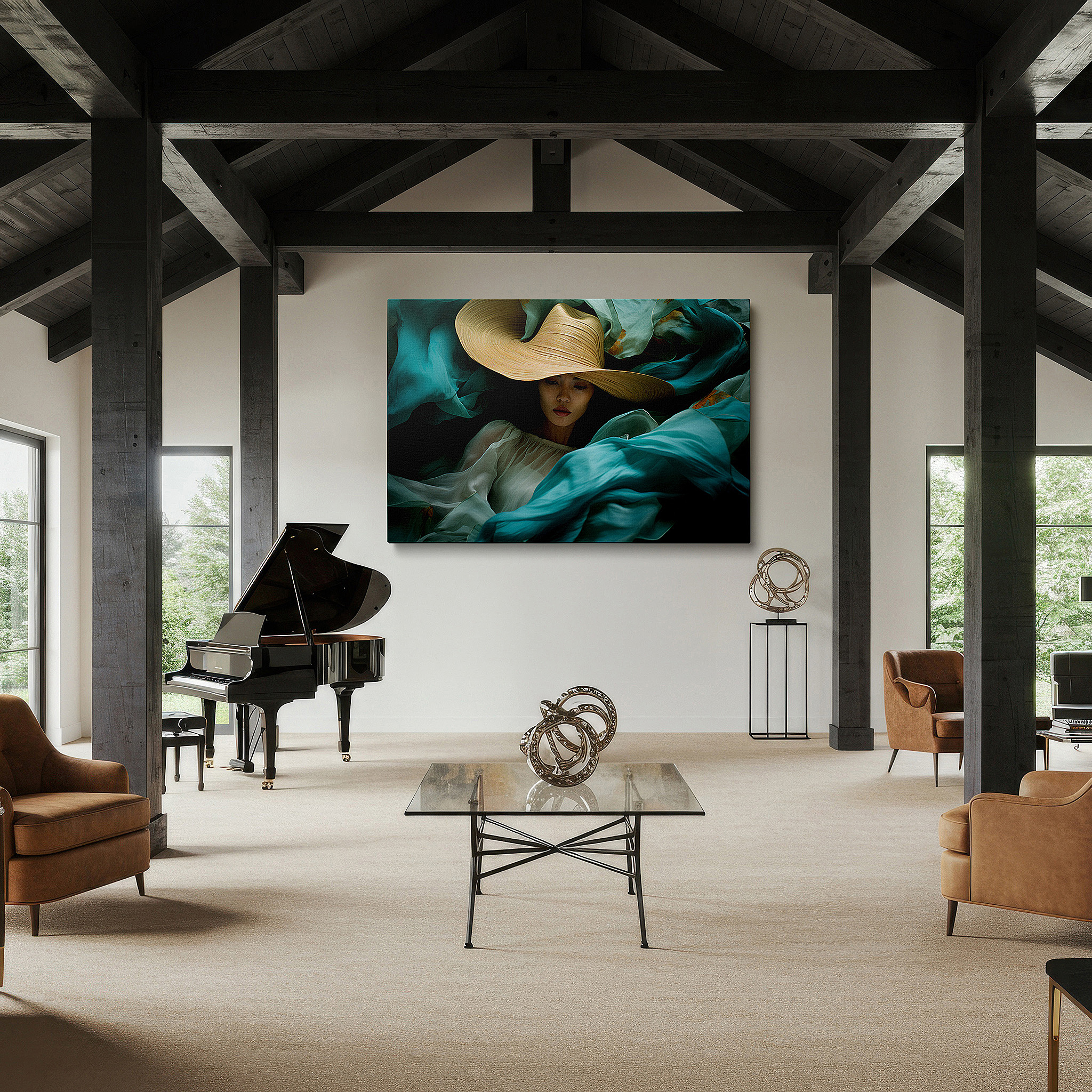 Back view reveals professional finishing and solid wood frame — serene elegance in green: tranquil woman and nature embrace - large canvas wall art for office, bedroom, and living room decor