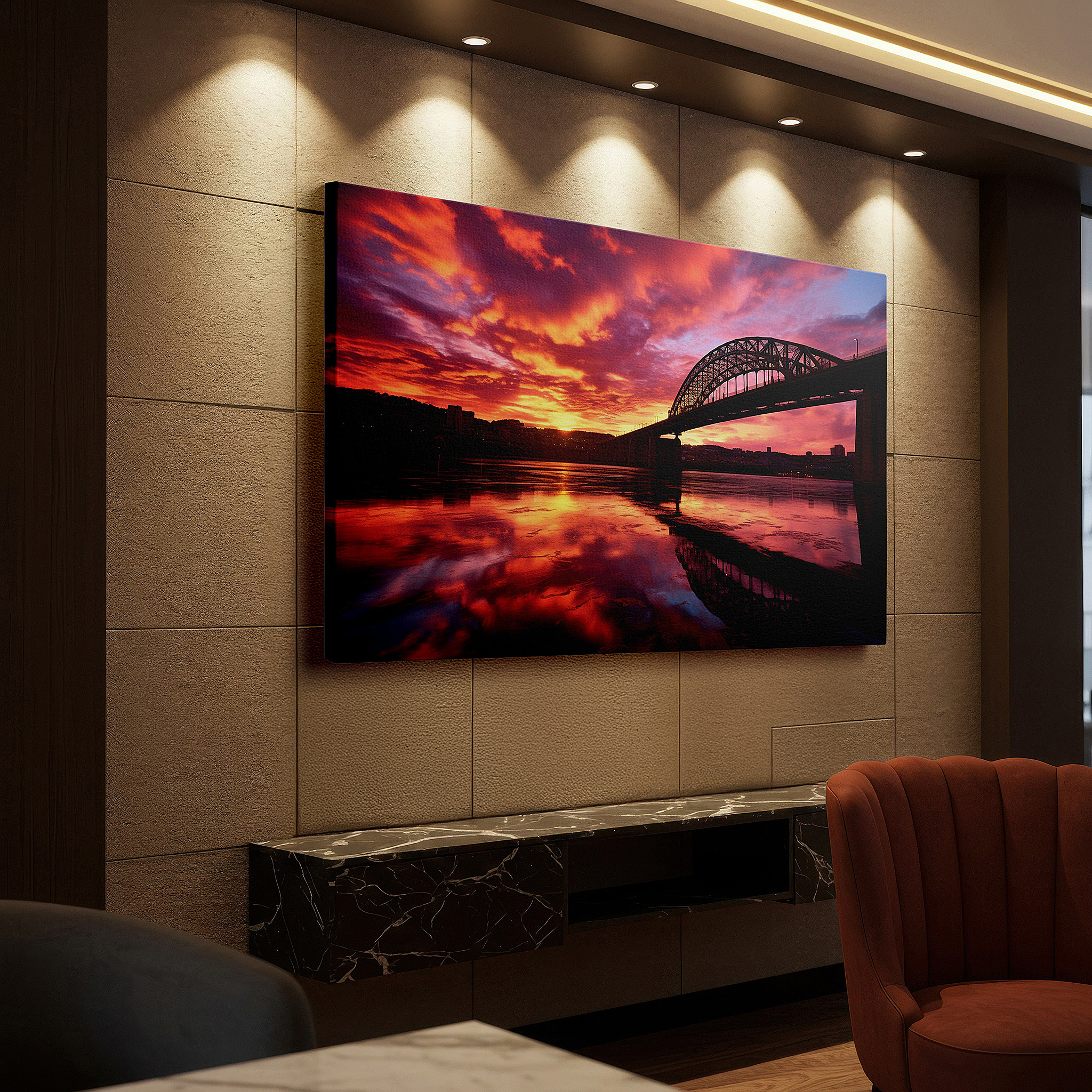 Back view reveals professional finishing and solid wood frame — serene evening featuring architectural wonders, sunset sky, and reflective waters: large canvas wall art for office and bedroom decor