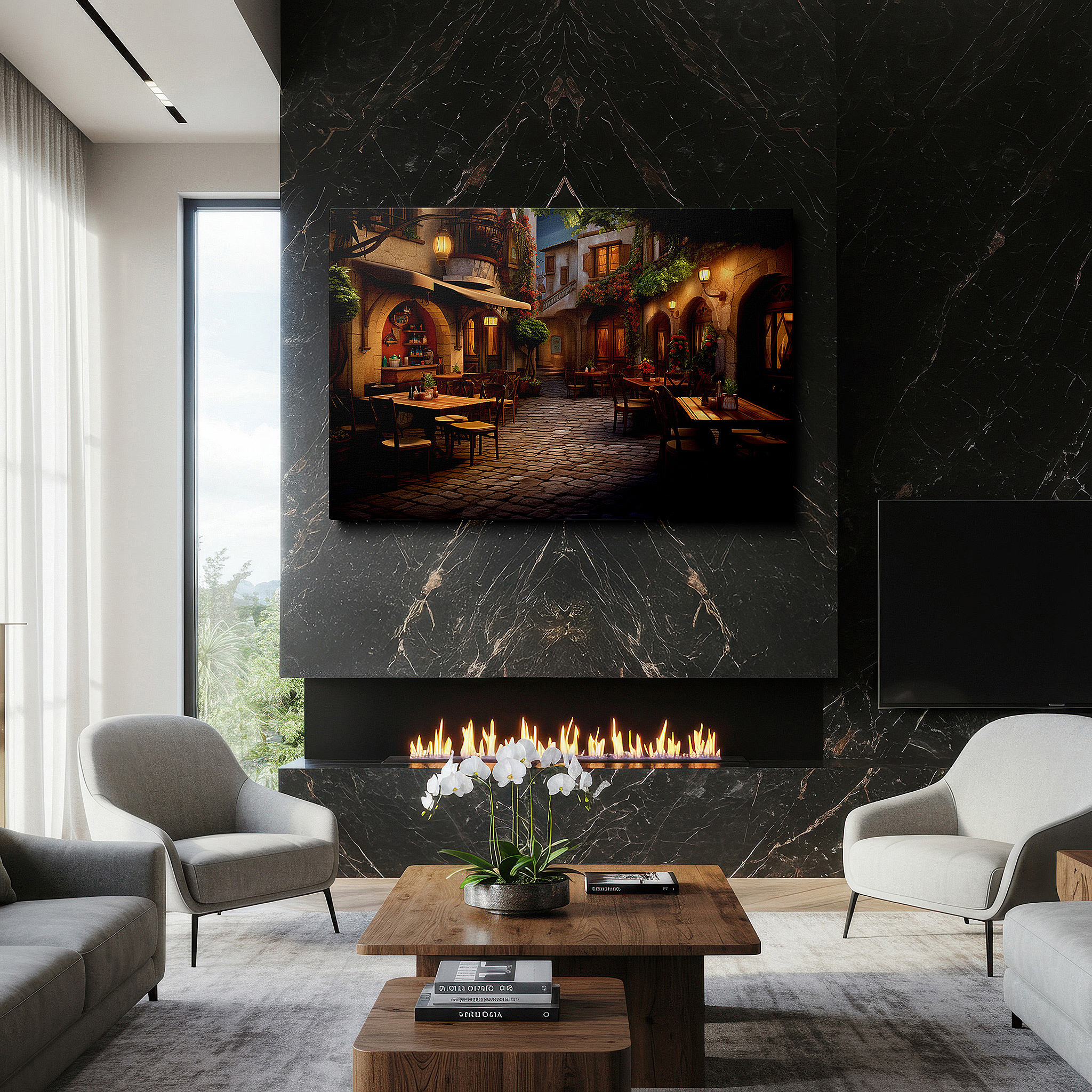 Back view reveals professional finishing and solid wood frame — serene evening in a quaint village: dusk light and cobblestone whispers large canvas wall art for home and office decor