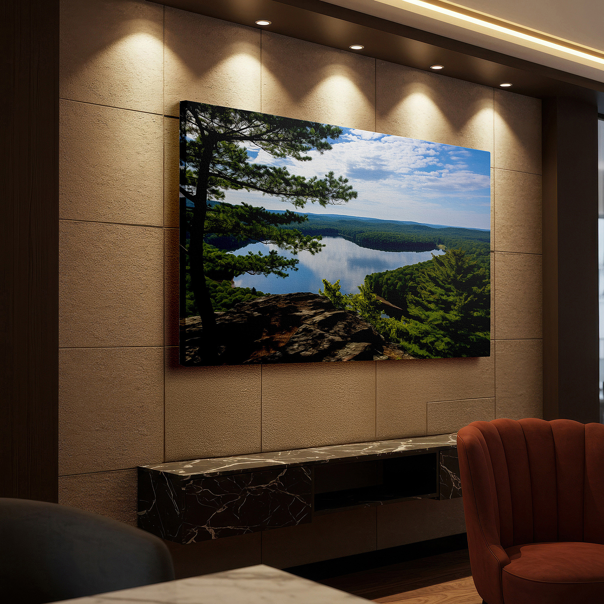 Back view reveals professional finishing and solid wood frame — serene lake and verdant forest reflections under a clear blue sky - large canvas wall art for office and bedroom decor