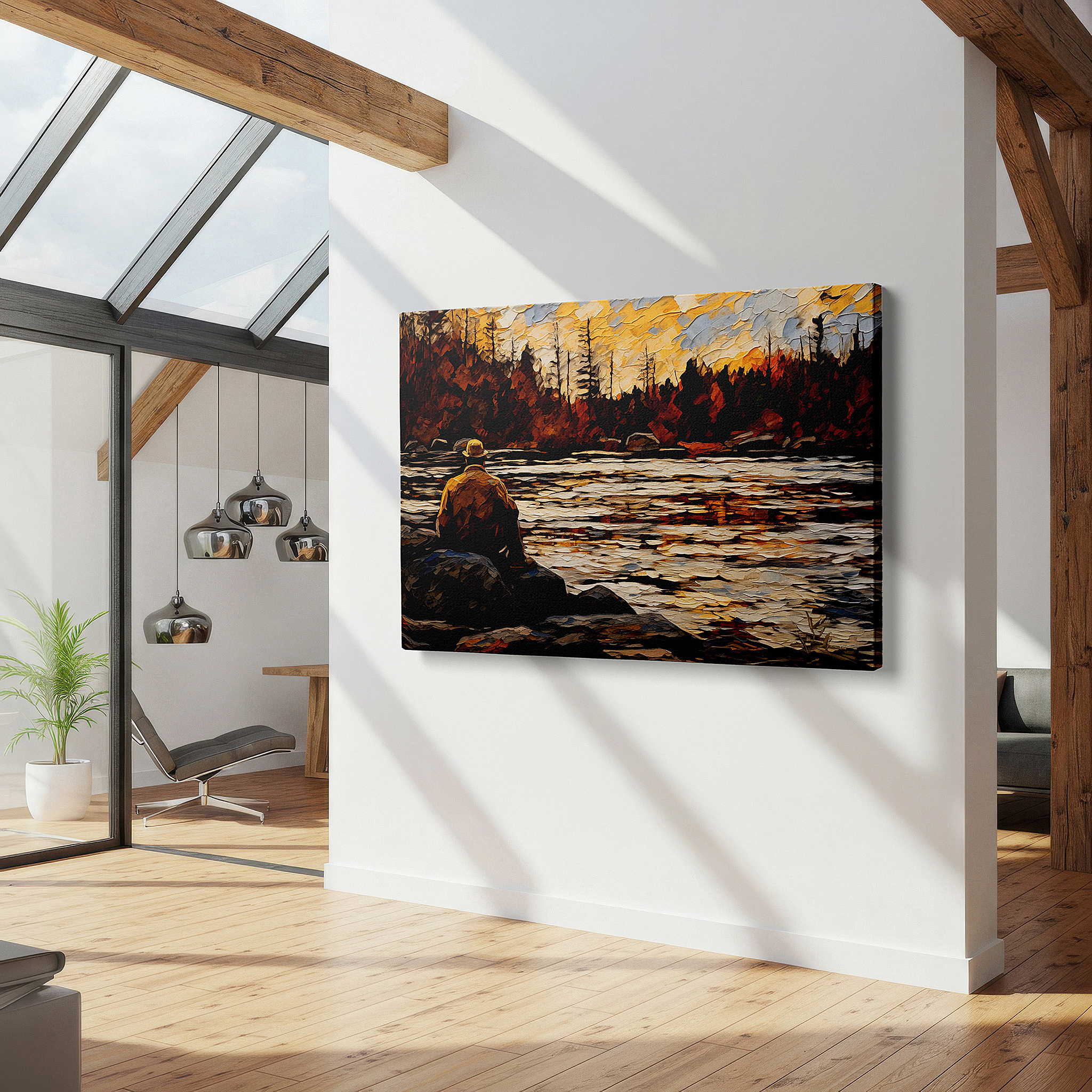 Back view reveals professional finishing and solid wood frame — serene lakeside fishing at sunset: tranquil nature's palette reflected - large canvas wall art for office and bedroom decor