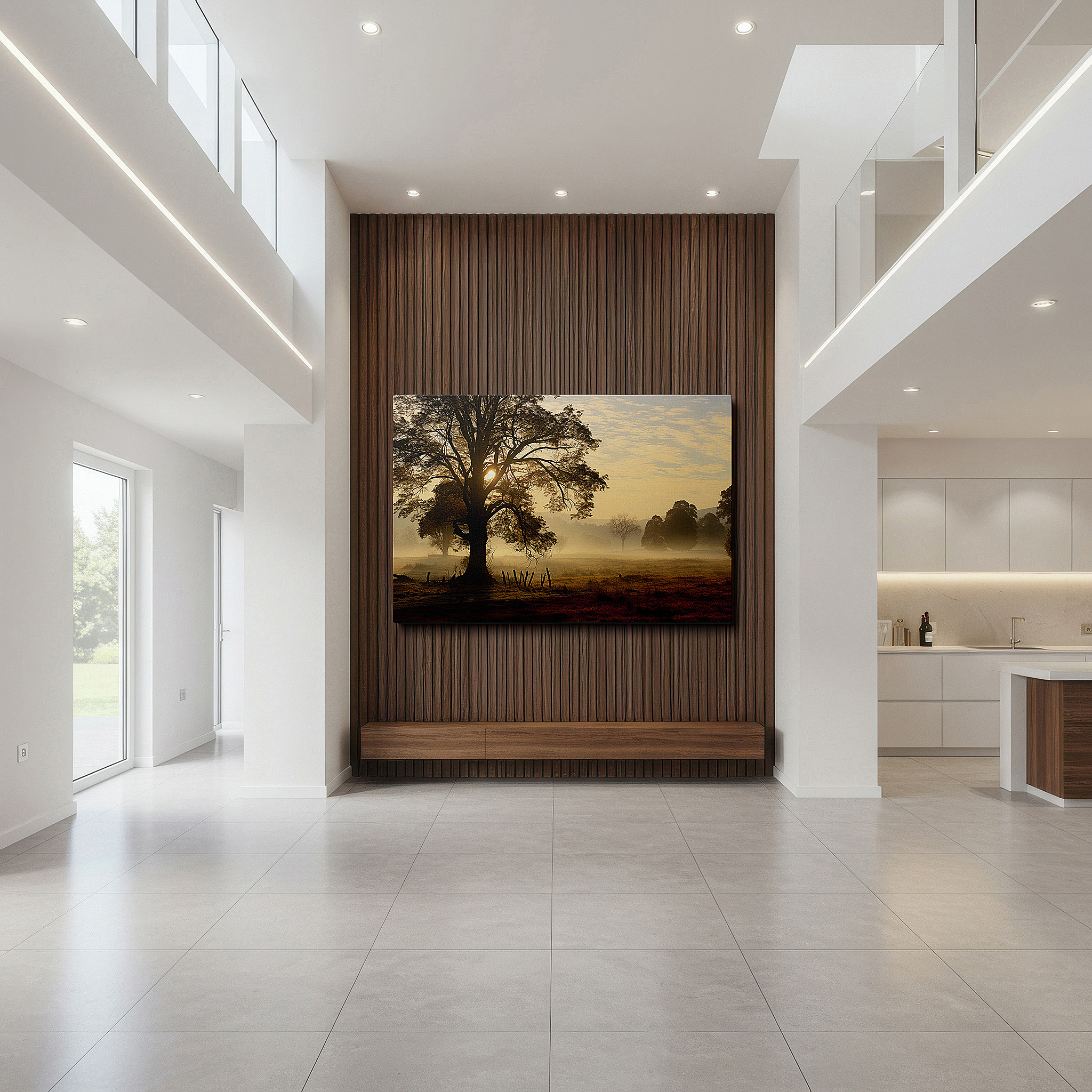 Back view reveals professional finishing and solid wood frame — serene morning scene with misty tree and soft pastel sky - large canvas wall art for office and bedroom decor