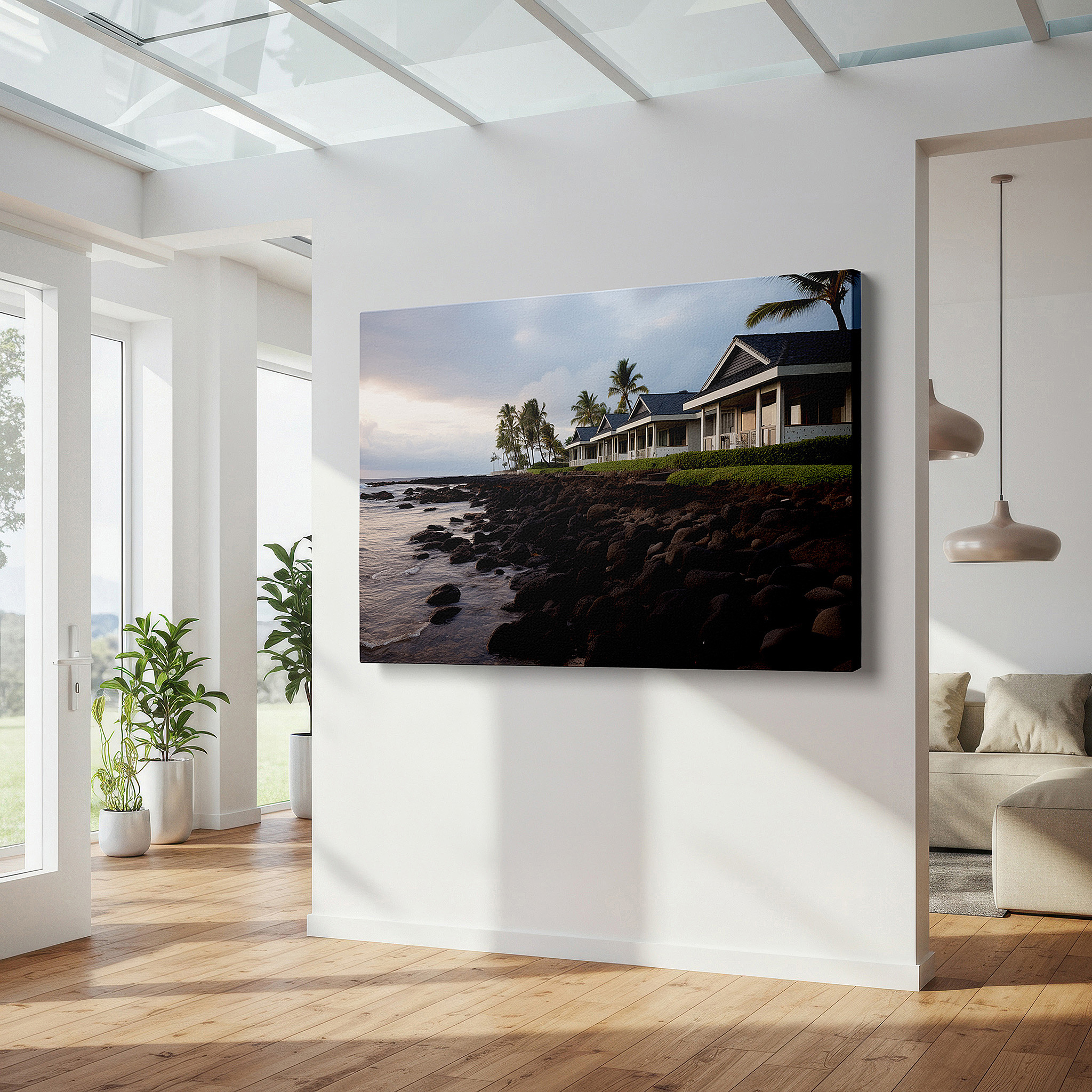 Back view reveals professional finishing and solid wood frame — serene seaside escape featuring pastel villas and tropical palms - large wall art, canvas wall art, wall decor for office and bedroom