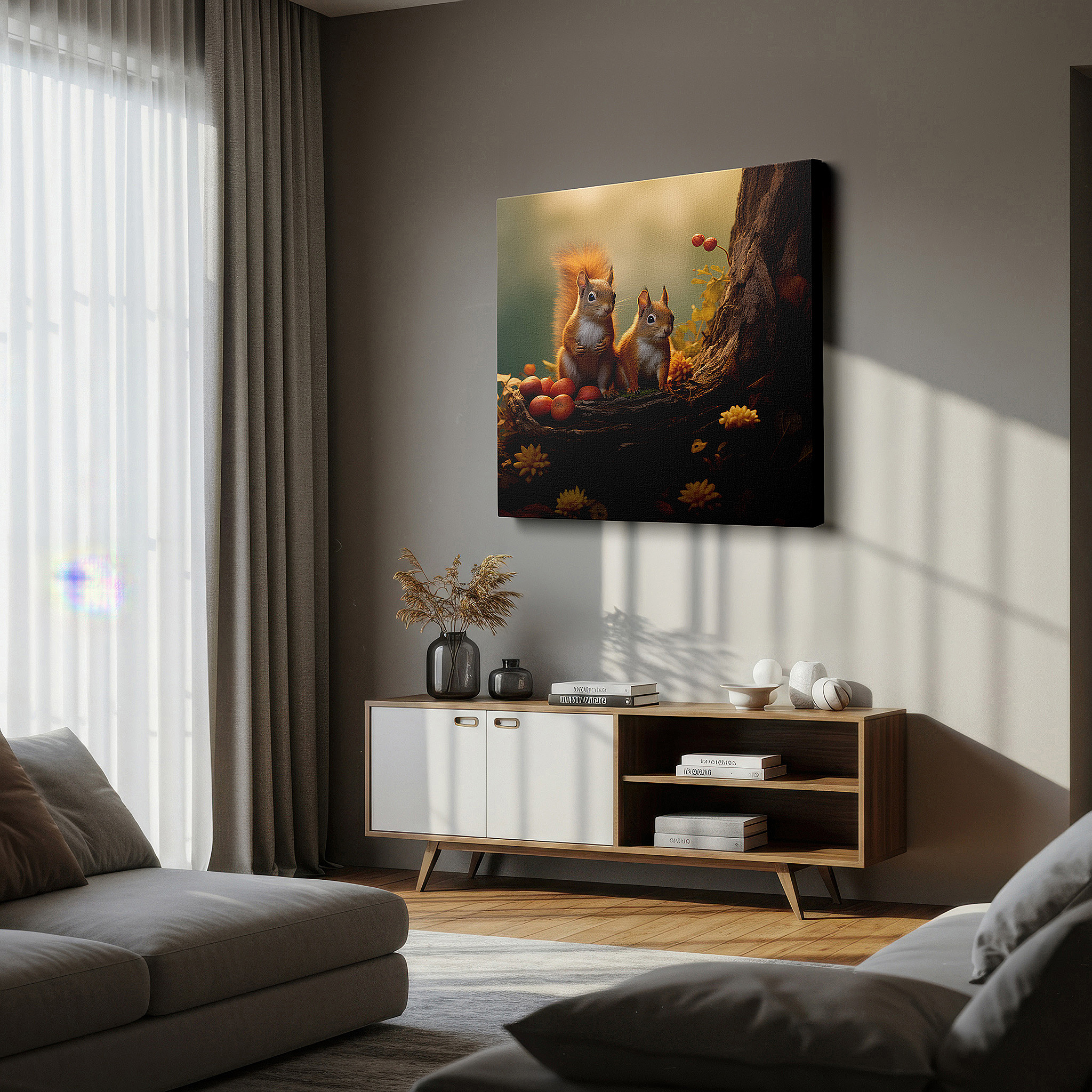 Back view reveals professional finishing and solid wood frame — serene squirrels in autumn splendor: celebrating wildlife and companionship - large canvas wall art for office decor