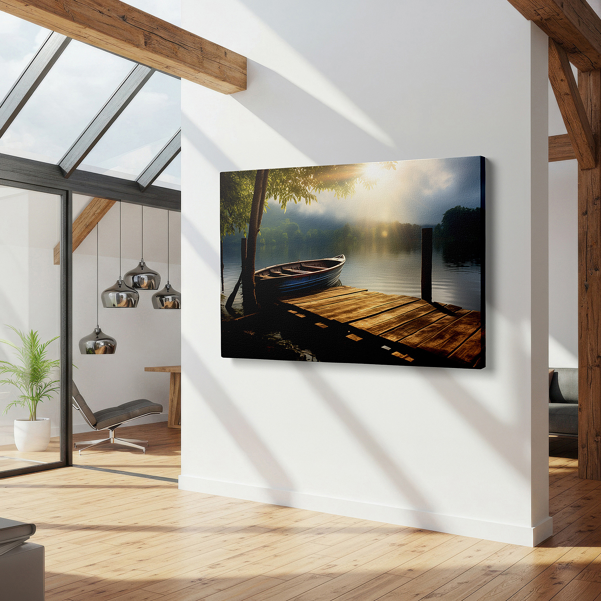 Back view reveals professional finishing and solid wood frame — serene sunrise over misty lake with weathered pier and wooden boat - large canvas wall art for office and bedroom decor