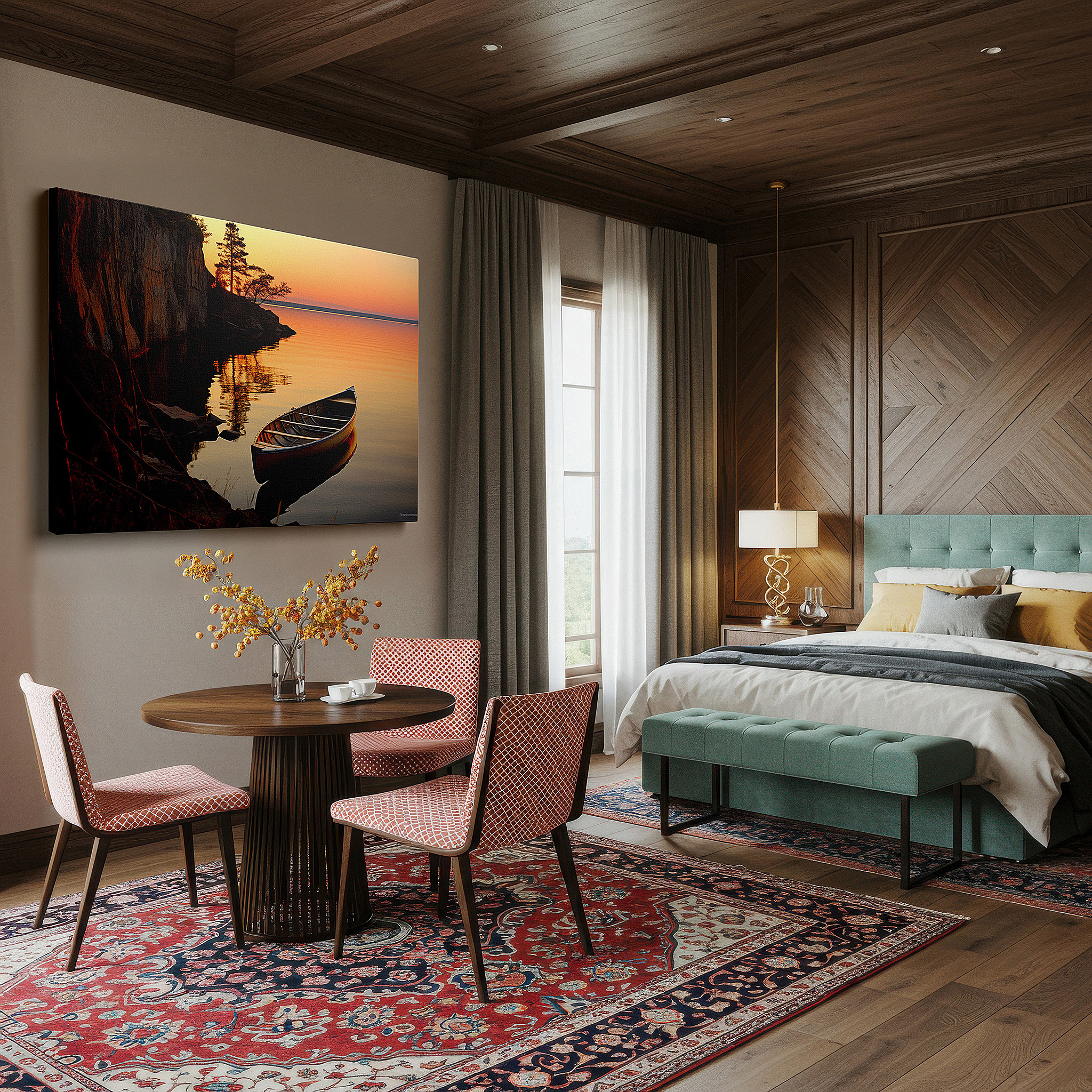 Back view reveals professional finishing and solid wood frame — serene sunset and tranquil lake with canoe canvas print, vivid nature reflection large wall decor for office