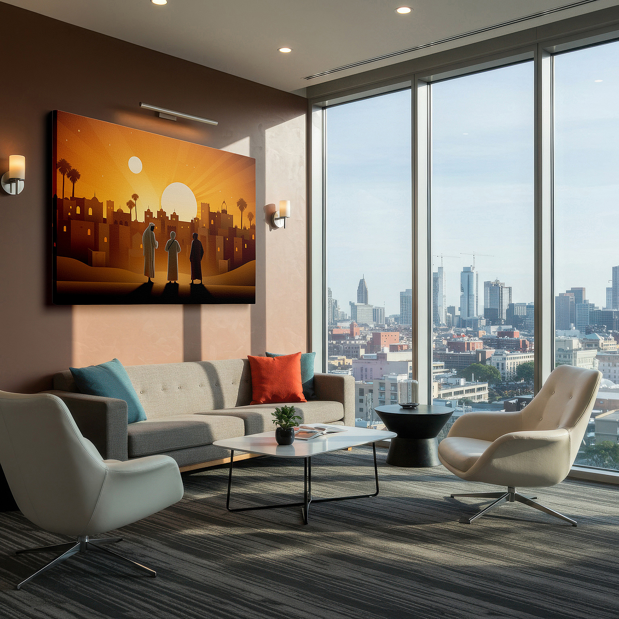 Back view reveals professional finishing and solid wood frame — silhouetted figures gazing at an ancient city at sunset: a mysterious and historical tapestry - large canvas wall art for home and office decor