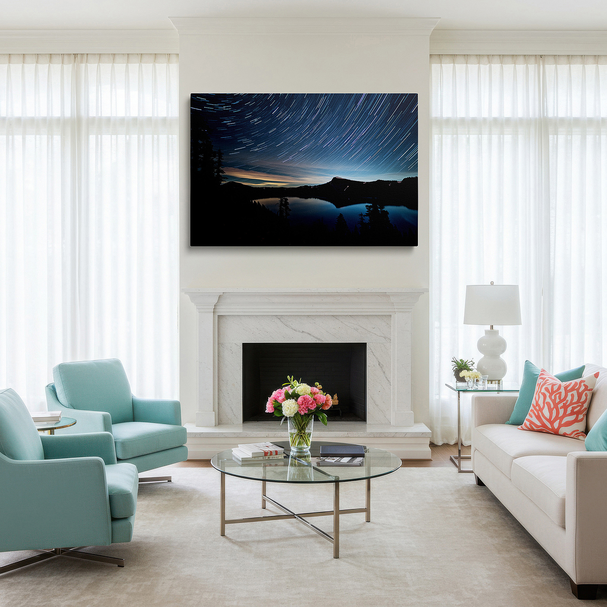 Back view reveals professional finishing and solid wood frame — star trails above serene lake with pine tree silhouettes - large canvas wall art for office, bedroom, and living room decor