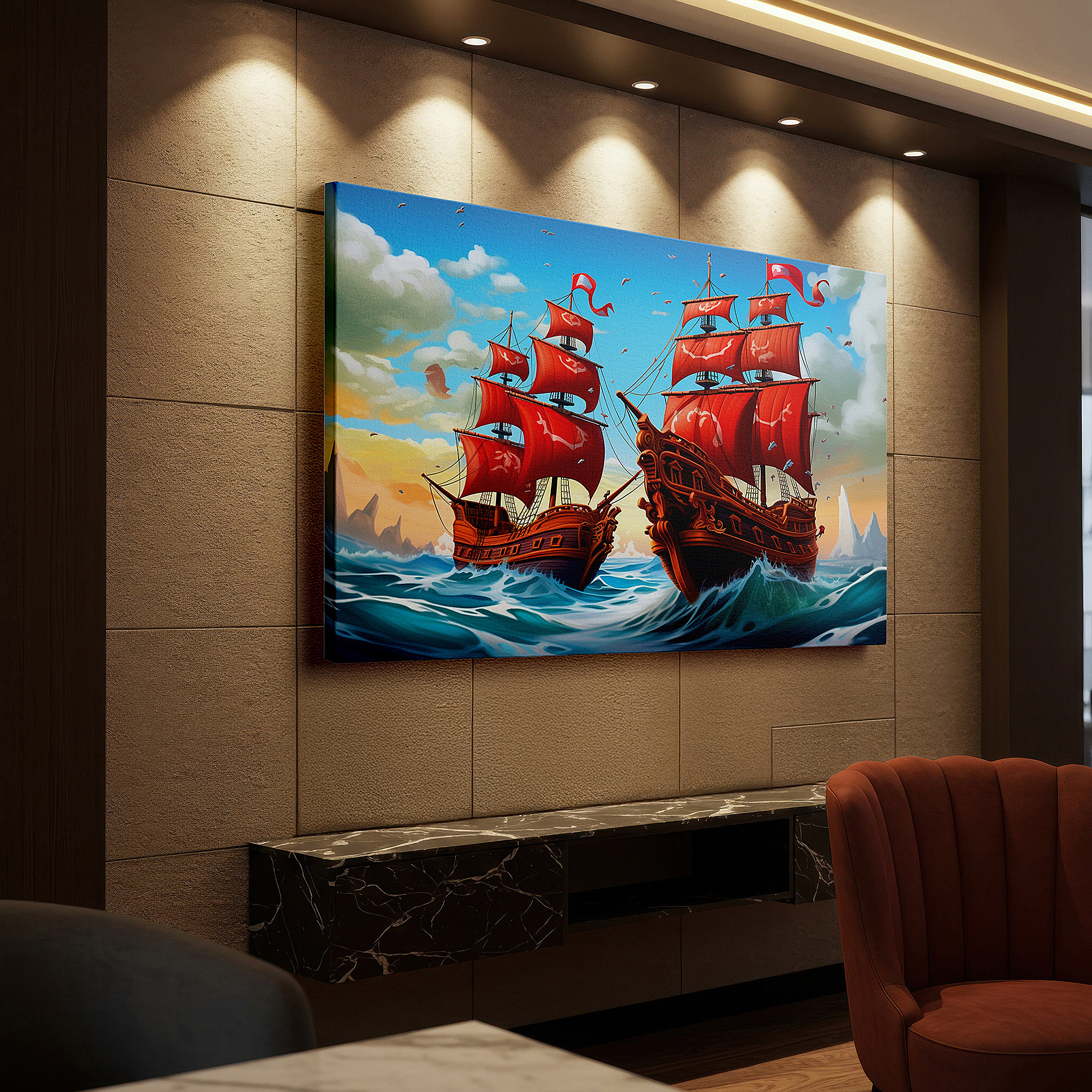 Back view reveals professional finishing and solid wood frame — stormy seas and red-sailed pirate ships large canvas wall art for office and bedroom decor