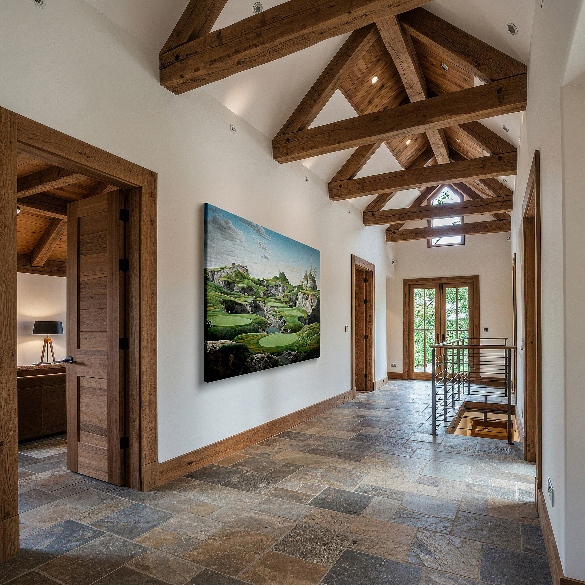 Back view reveals professional finishing and solid wood frame — stunning golf course scenery with vibrant greens and striking rock formations - large canvas wall art for office and bedroom decor