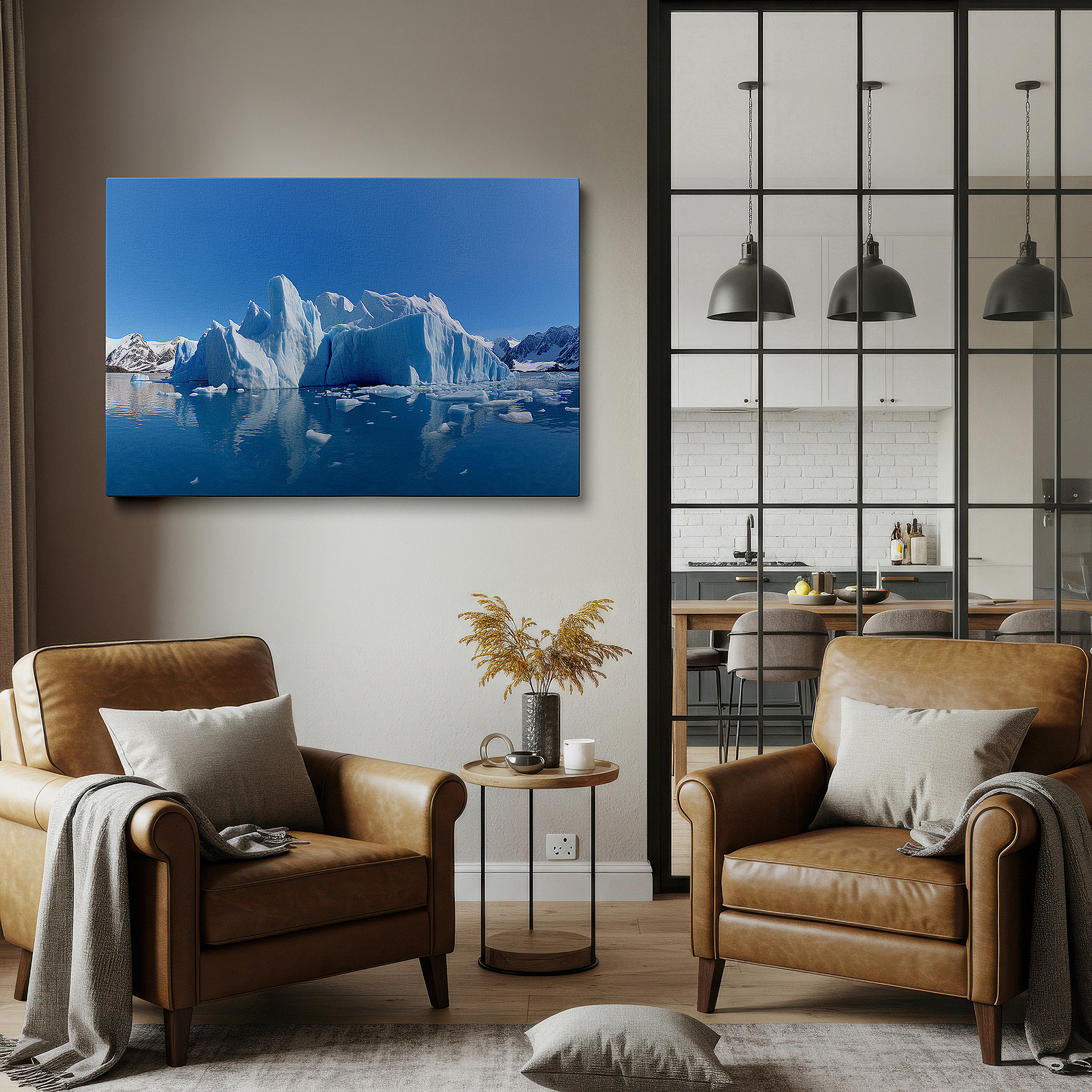 Back view reveals professional finishing and solid wood frame — stunning iceberg reflection in peaceful polar waters beneath a clear blue sky - large wall art, canvas wall art, wall decor for office and bedroom