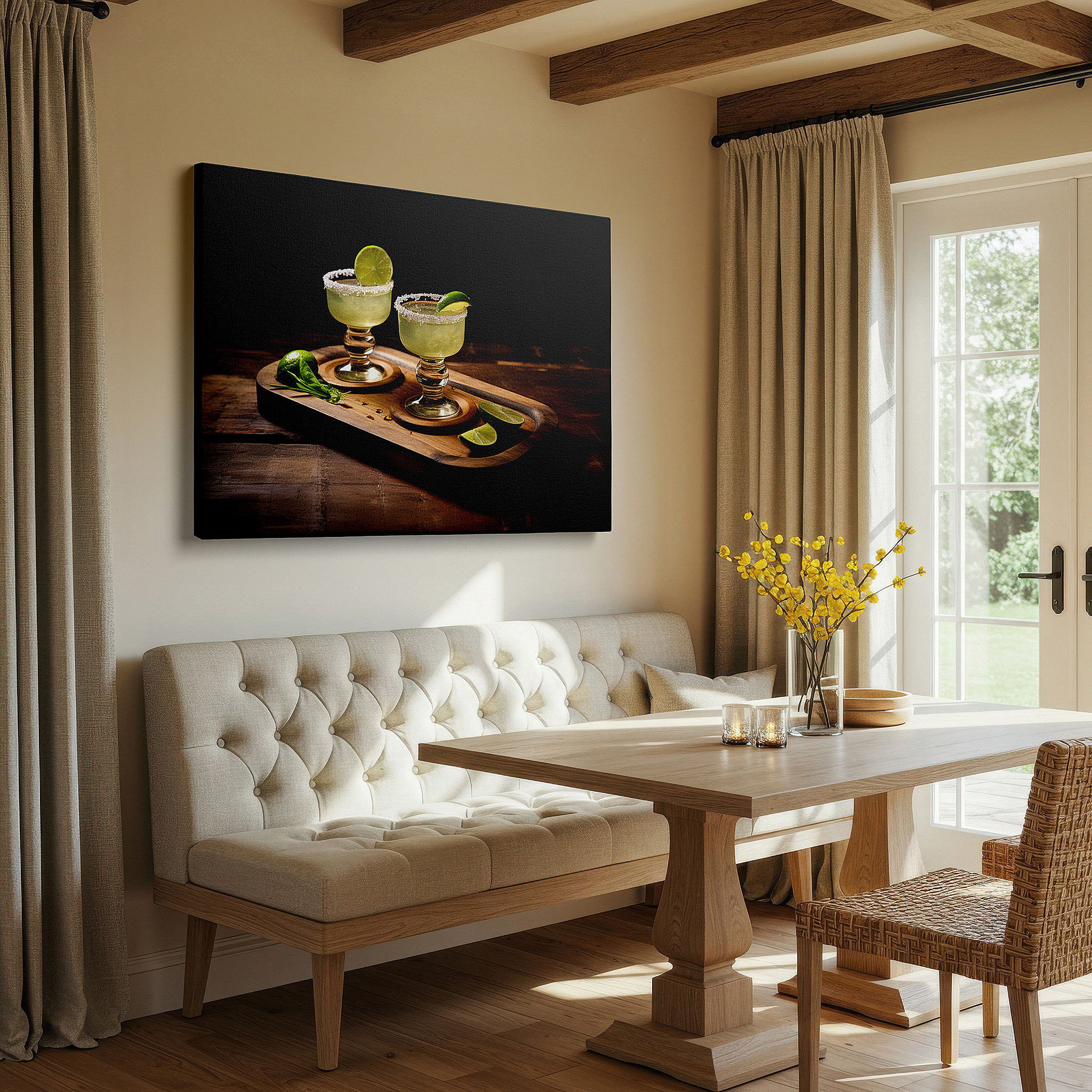 Back view reveals professional finishing and solid wood frame — summer celebration cocktails on a rustic tray - vibrant social joy large wall art, canvas wall art, wall decor for office and bedroom