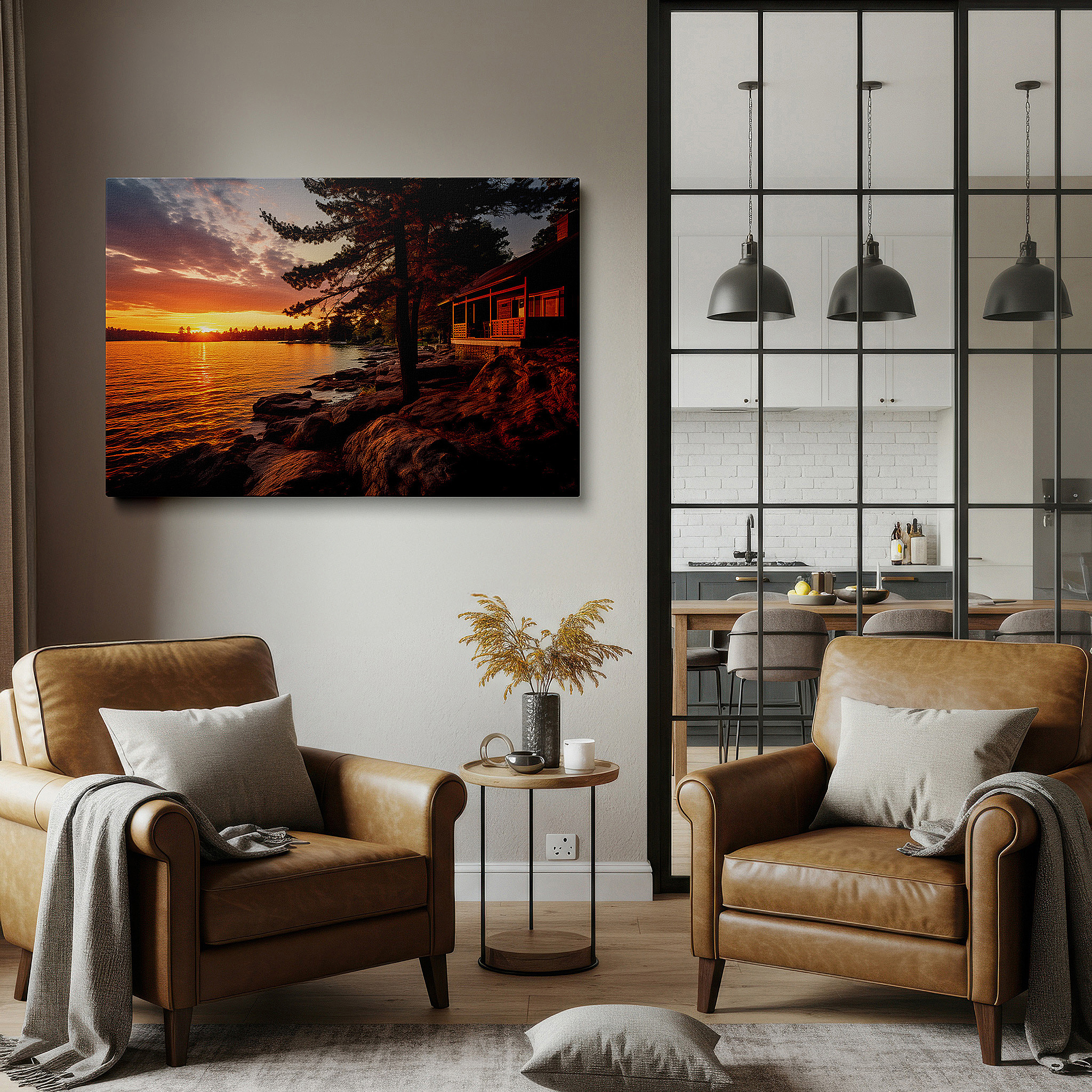 Back view reveals professional finishing and solid wood frame — sunset embrace at the secluded lakeside cabin: large canvas wall art for office, bedroom, and living room decor