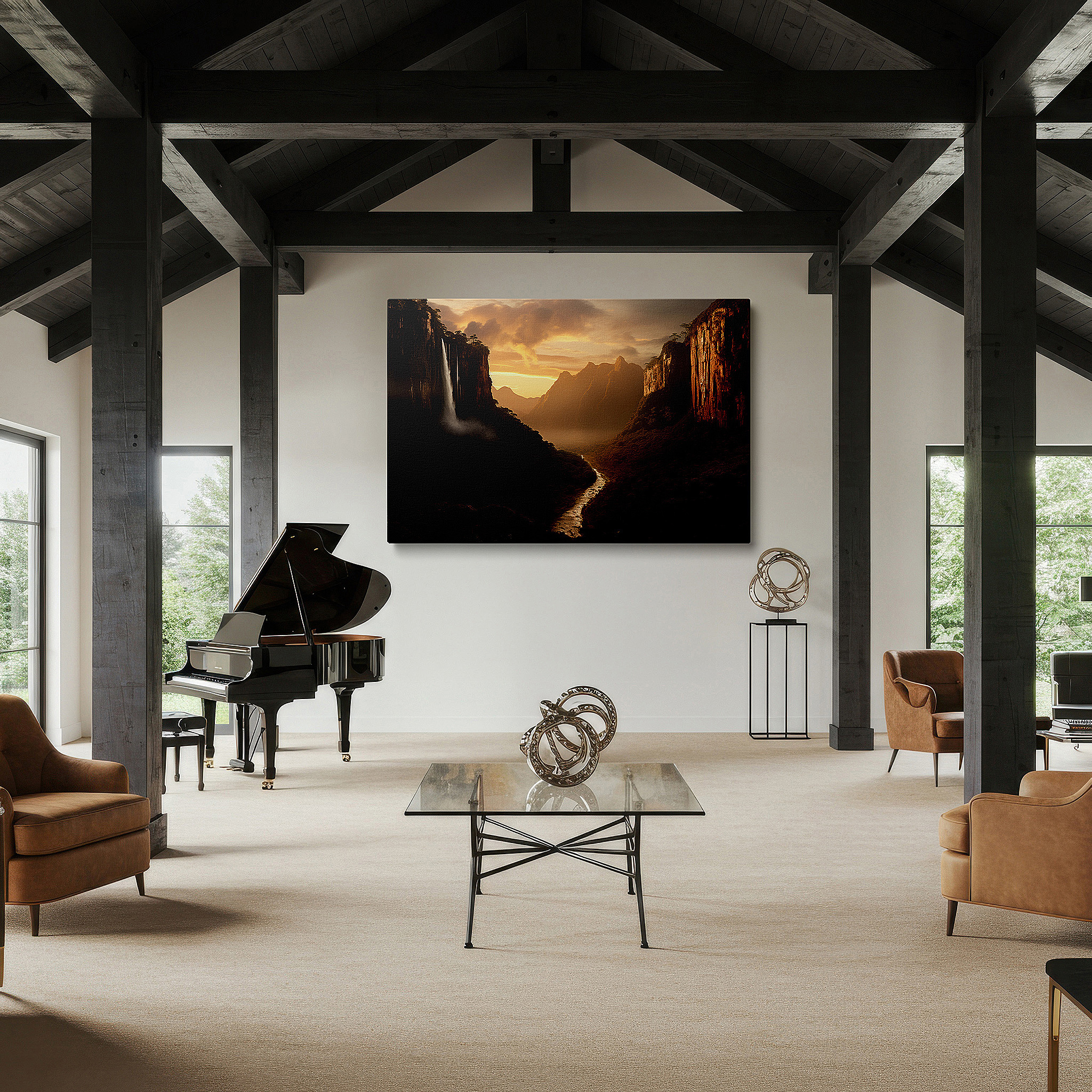 Back view reveals professional finishing and solid wood frame — sunset-illuminated majestic waterfall in a serene valley large wall art, canvas wall art, wall decor for office and bedroom