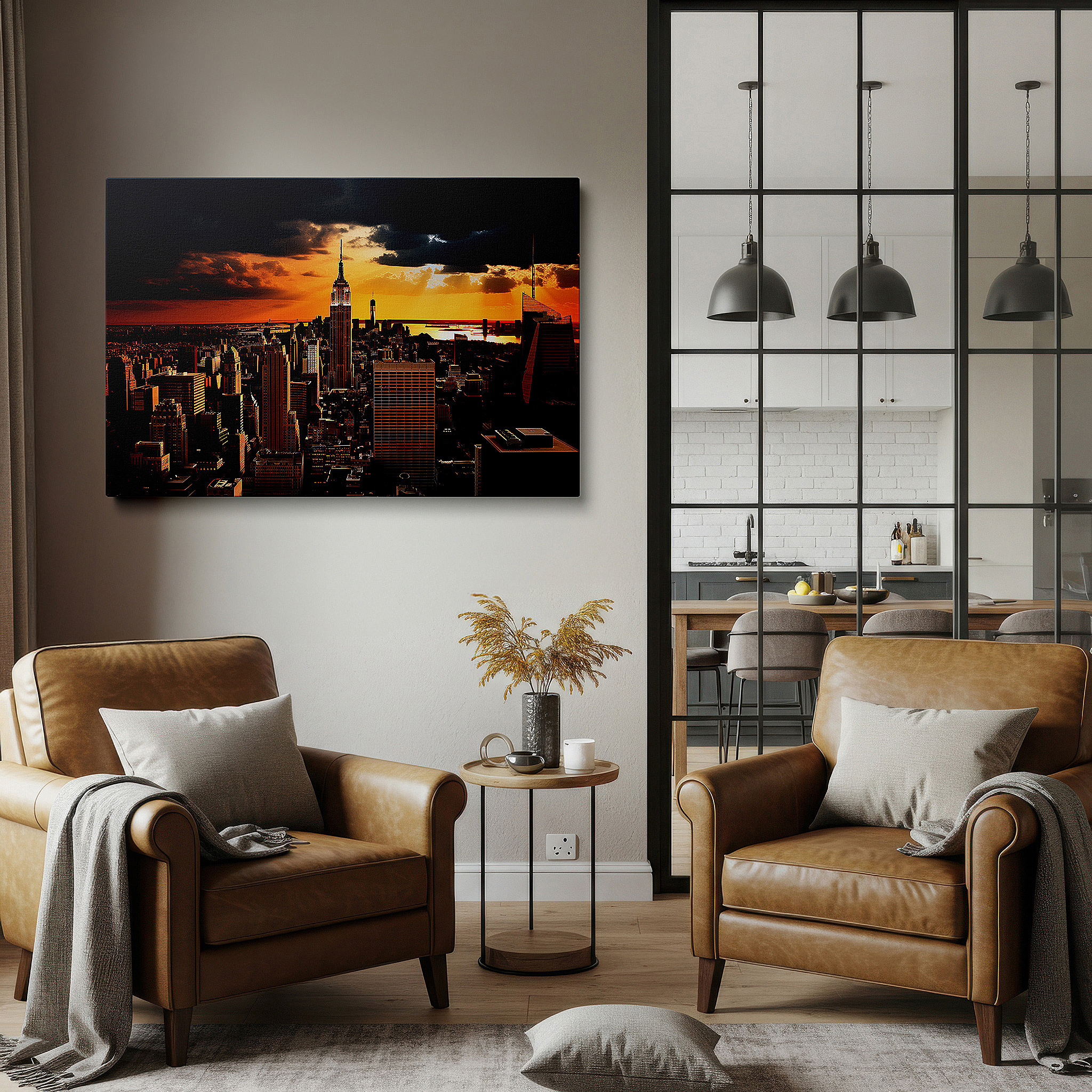 Back view reveals professional finishing and solid wood frame — sunset illumination of the empire state building, warm golden cityscape large wall art, canvas wall art, wall decor for office
