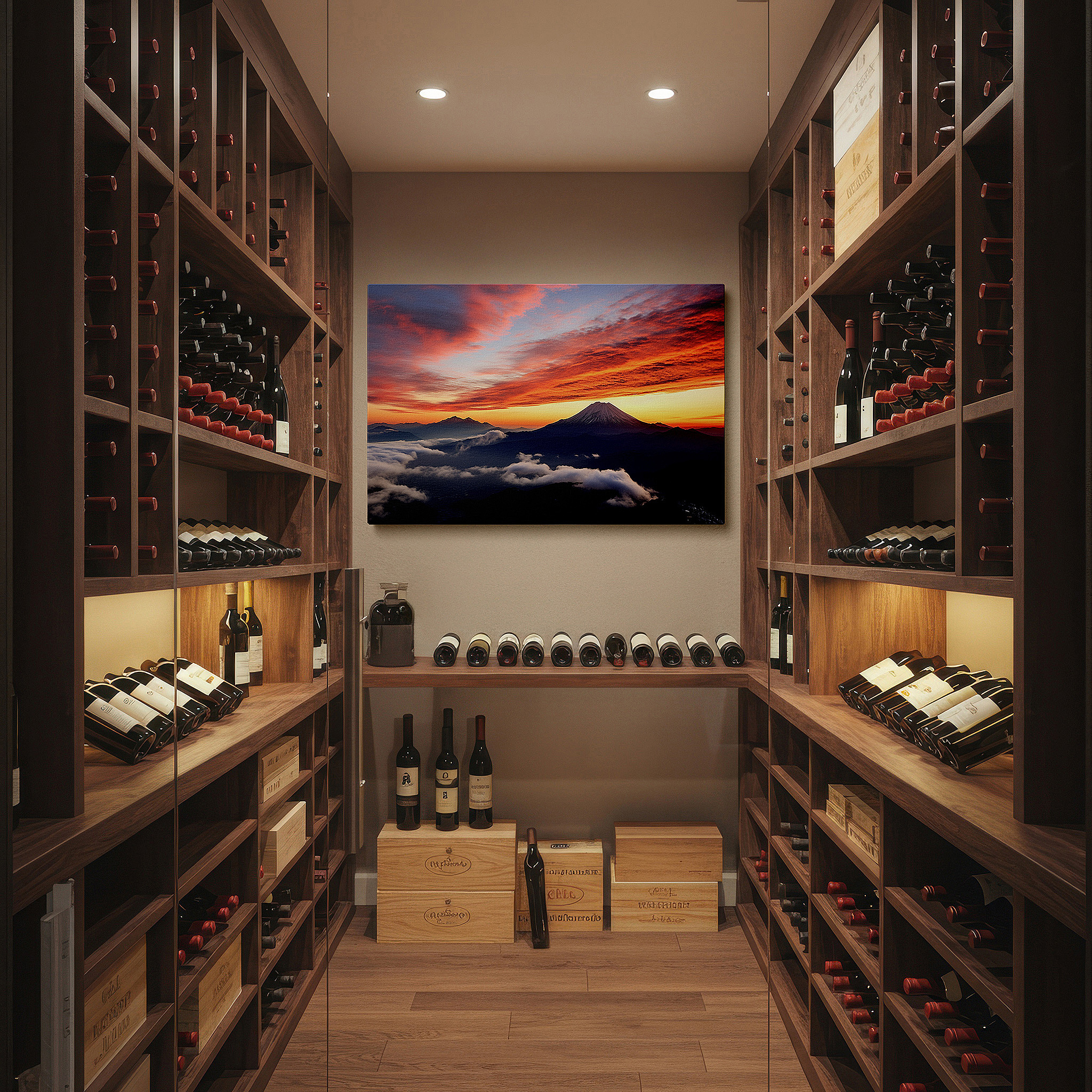 Back view reveals professional finishing and solid wood frame — sunset over majestic mount fuji, large wall art featuring vibrant oranges and purples, canvas wall art for office and bedroom decor