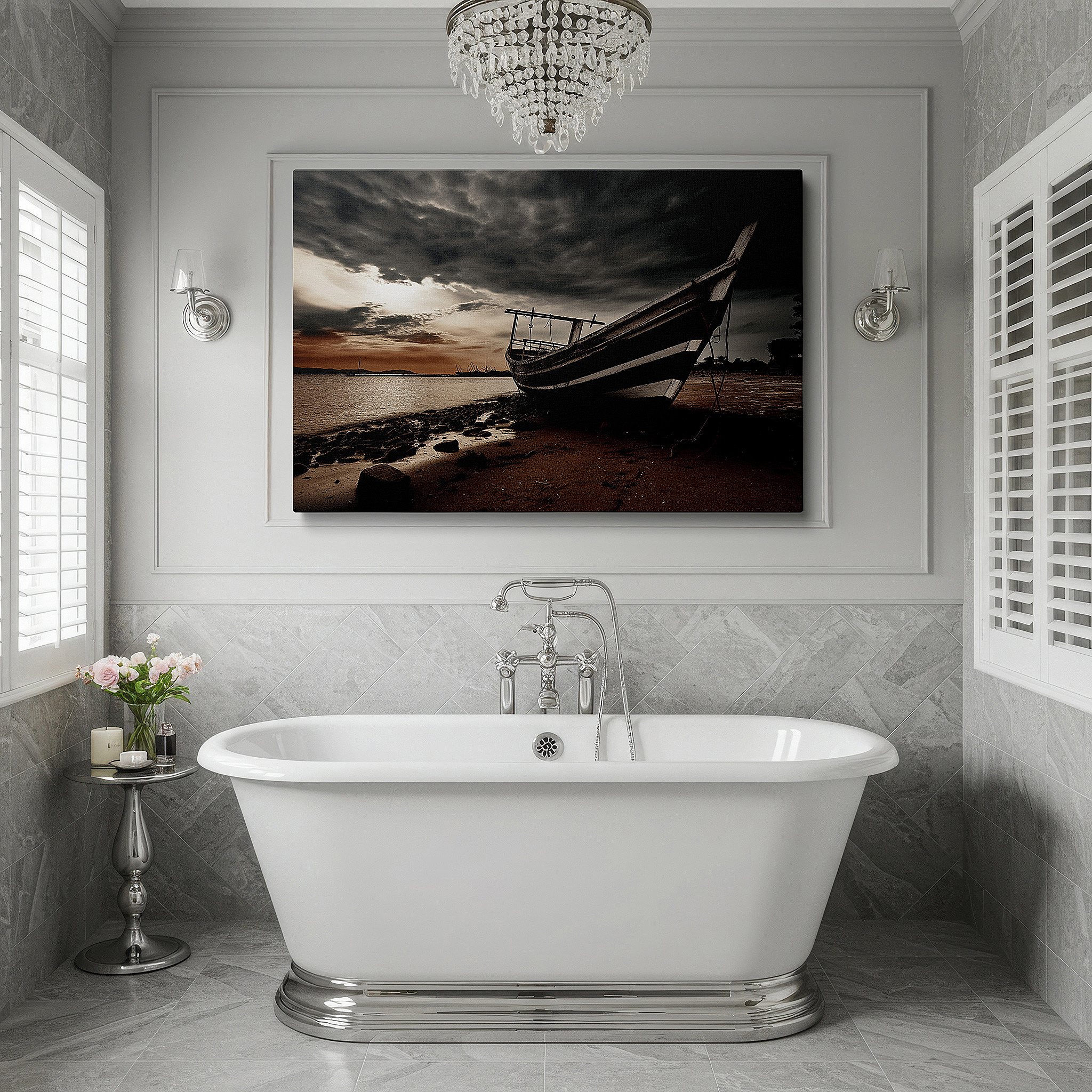 Back view reveals professional finishing and solid wood frame — timeless solitude: black and white fishing boat canvas, large wall art for home and office decor