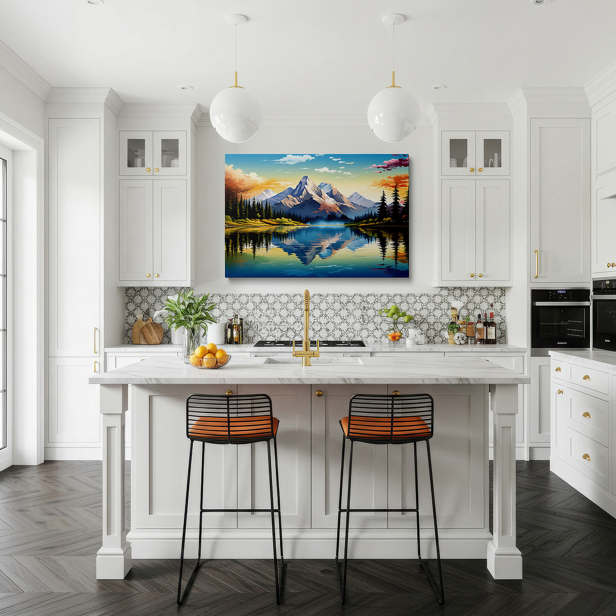 Back view reveals professional finishing and solid wood frame — tranquil evening by the lake: sunset glow - serene solitude and reflective exploration - large canvas wall art for office decor