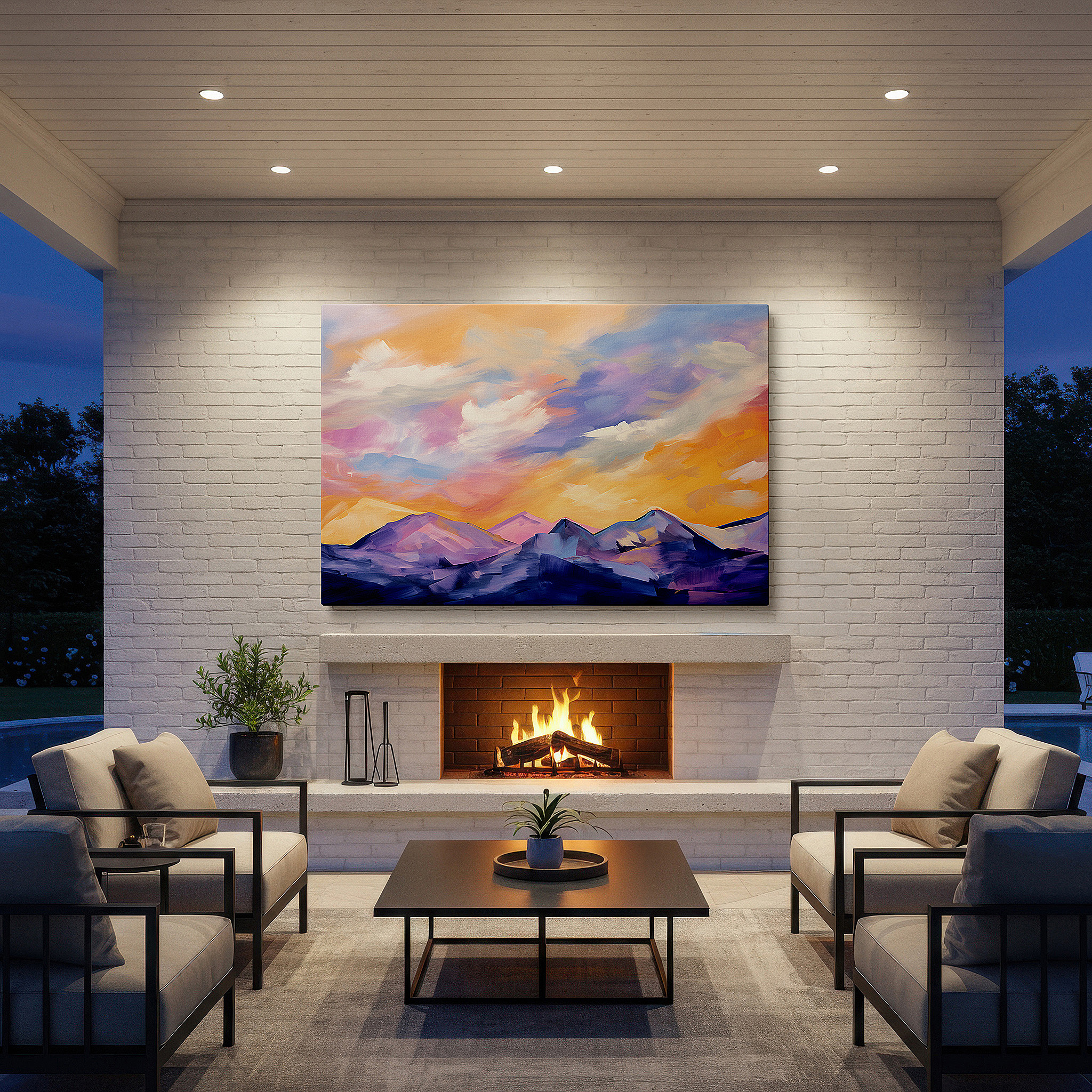 Back view reveals professional finishing and solid wood frame — twilight's majestic shift - abstract mountain landscape in purple, pink, and orange hues, large canvas wall art for home and office decor