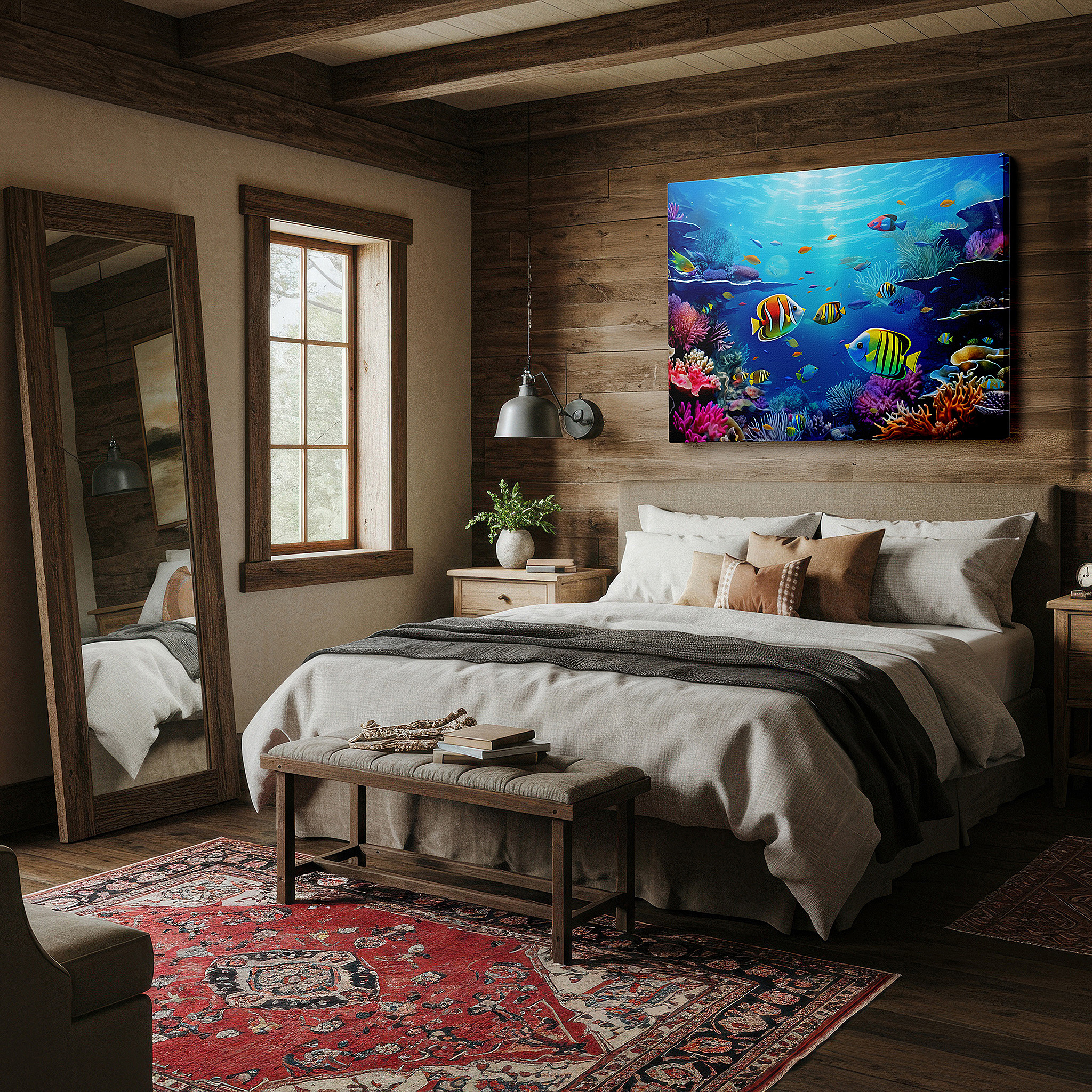 Back view reveals professional finishing and solid wood frame — underwater coral reef diversity large wall art - vibrant canvas decor for office, bedroom, and living room