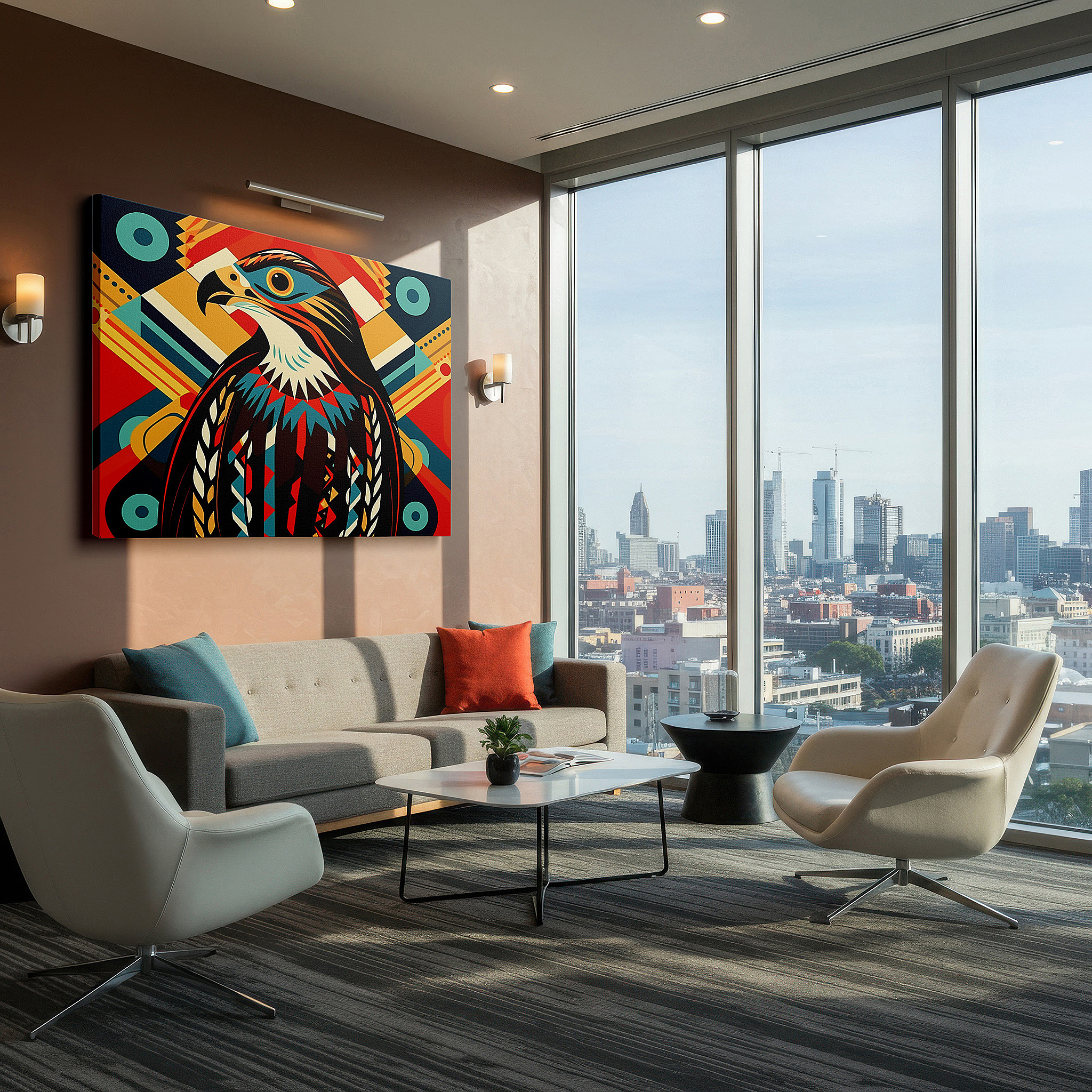 Back view reveals professional finishing and solid wood frame — vibrant and abstract stylized bird wall art celebrating nature and artistic expression, large canvas wall decor