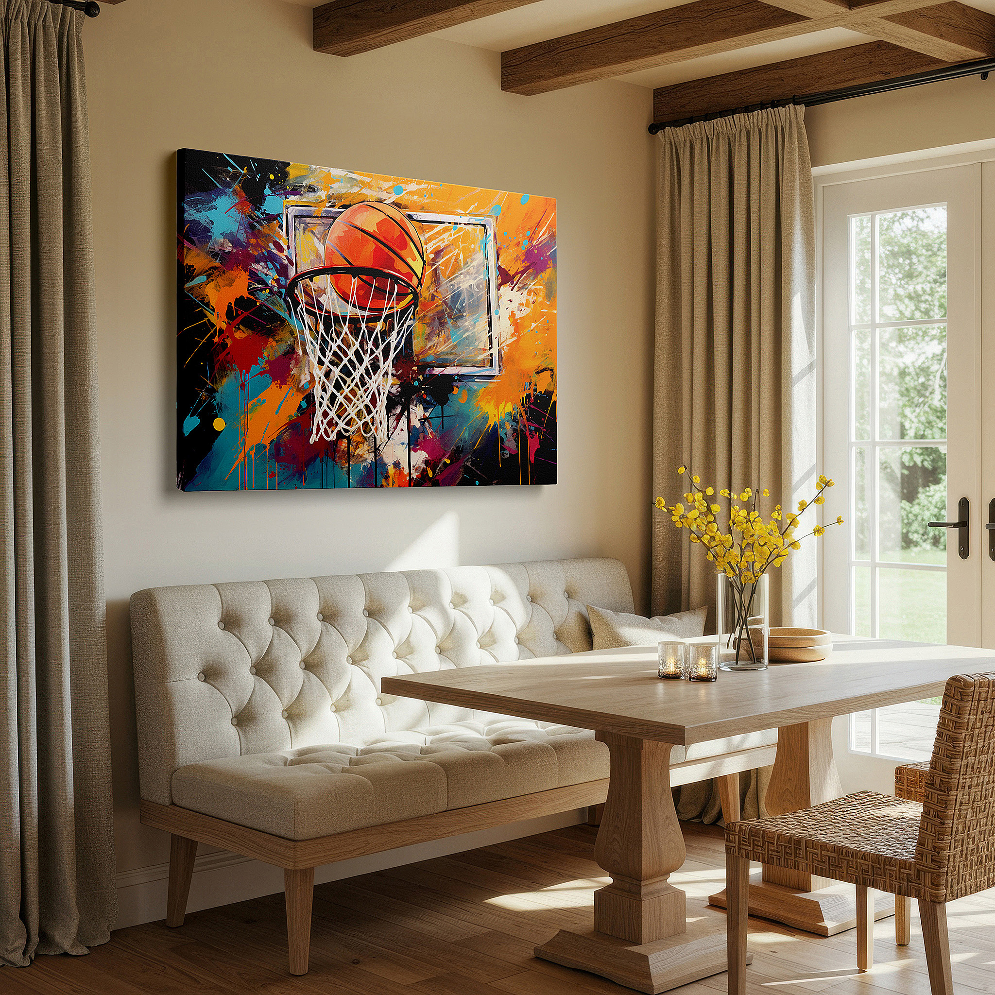 Back view reveals professional finishing and solid wood frame — vibrant basketball scenes: a blend of sports and art, large canvas wall art for home and office decor