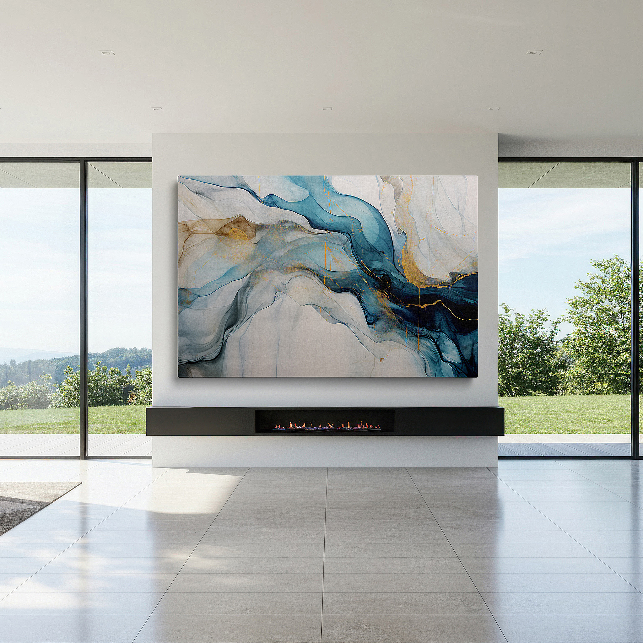 Back view reveals professional finishing and solid wood frame — vibrant blues and glowing golds in abstract harmony: oversized canvas wall art for office, bedroom, and living room decor