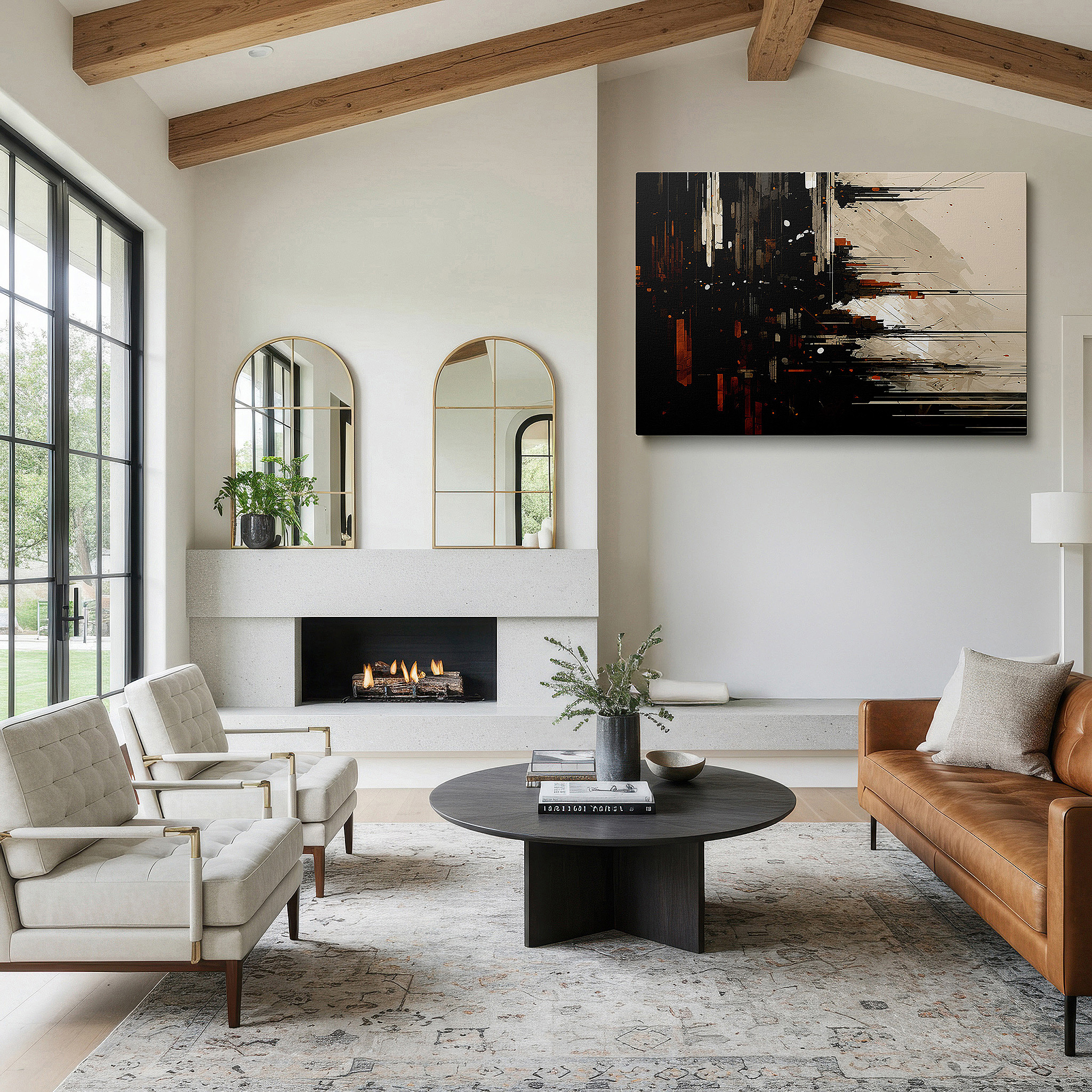 Back view reveals professional finishing and solid wood frame — vibrant orange and black abstract cityscape, embodying urban vigor and the enigma of the night - large canvas wall art for home and office decor