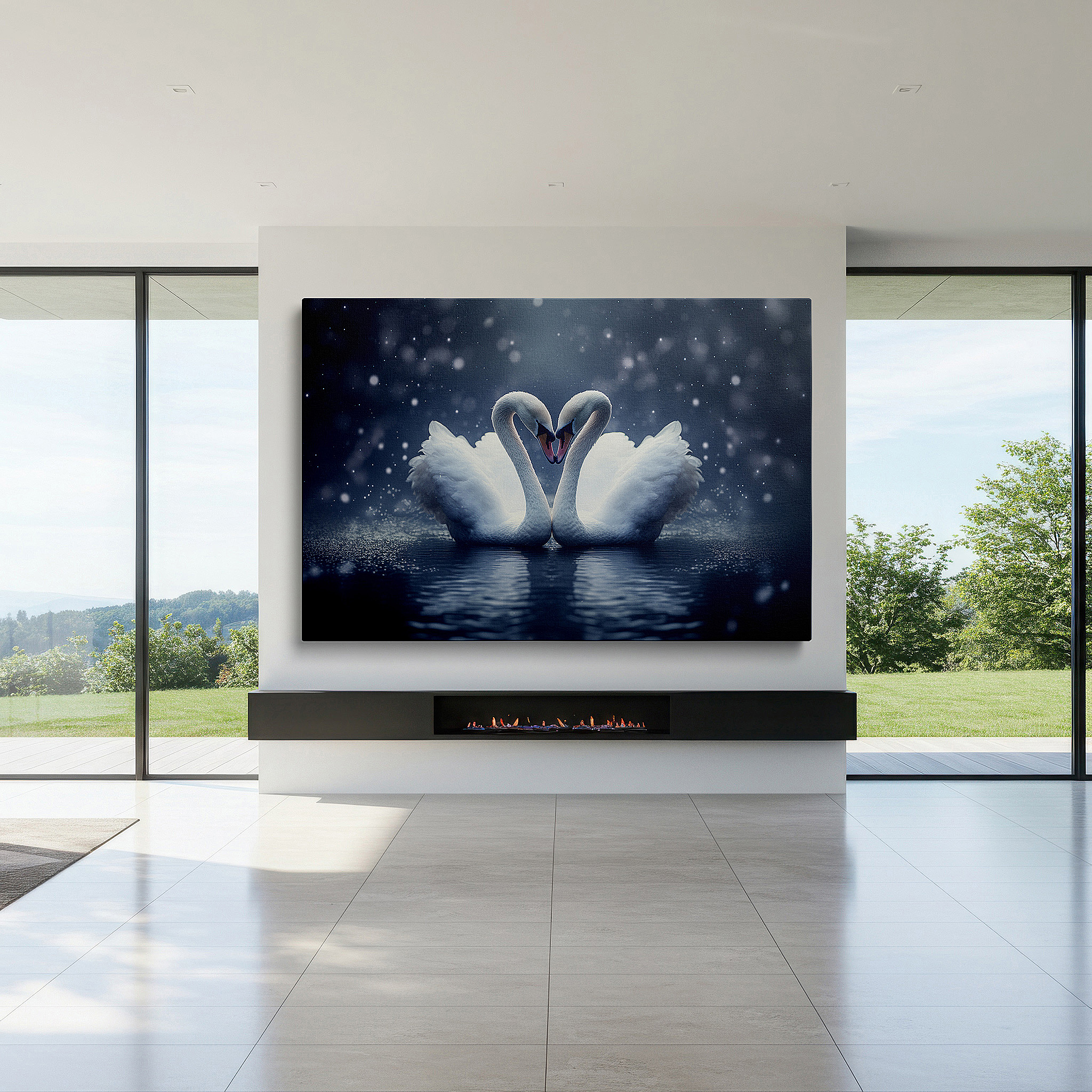 Back view reveals professional finishing and solid wood frame — wall art: elegant swans creating a heart on peaceful waters - emblem of love and unity. ideal for home and office decor, including large canvas options for bedrooms.