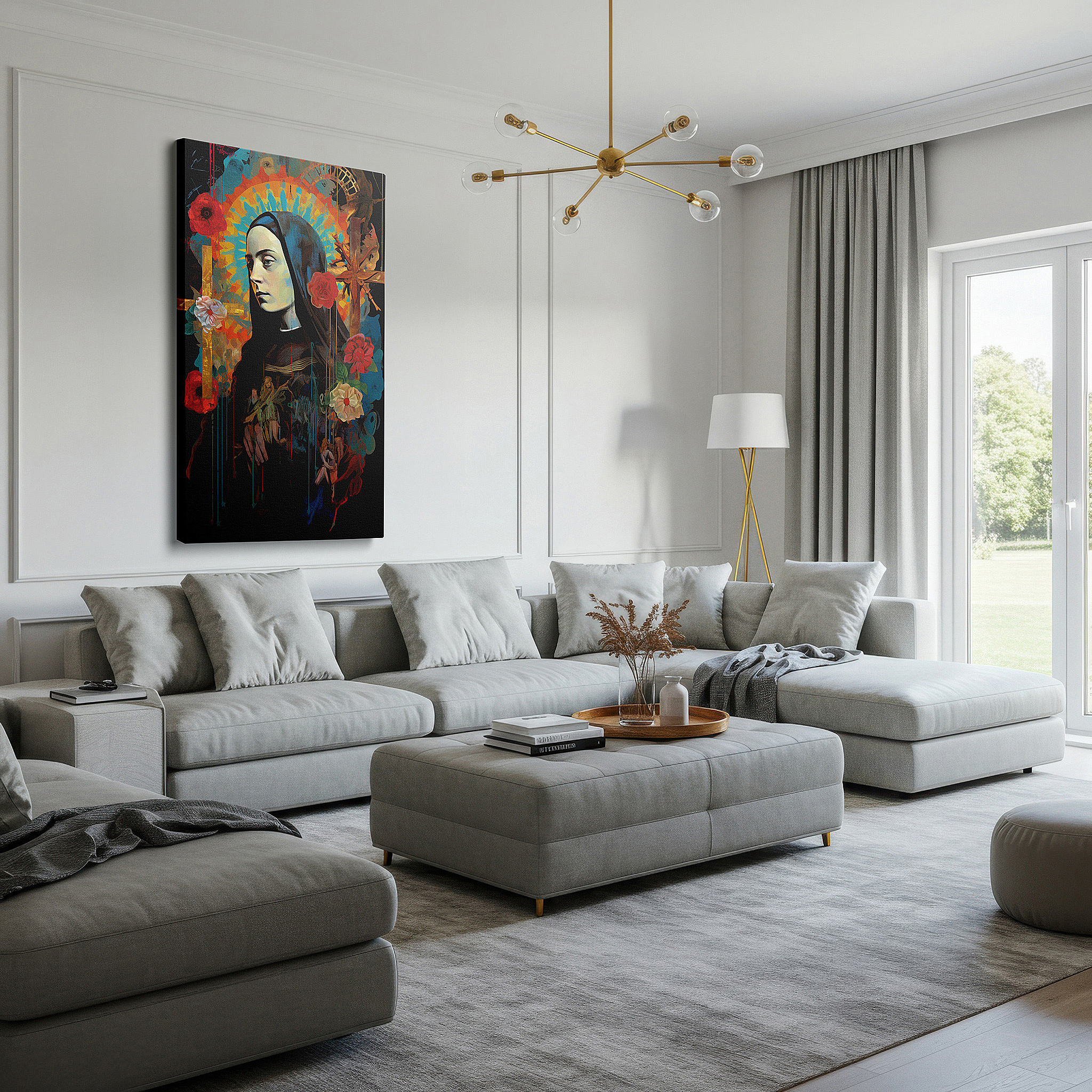 Back view reveals professional finishing and solid wood frame — wall art: experience saintly serenity with blooming flowers - a tranquil, spiritual tapestry. perfect for home or office decor, available as large canvas wall art.