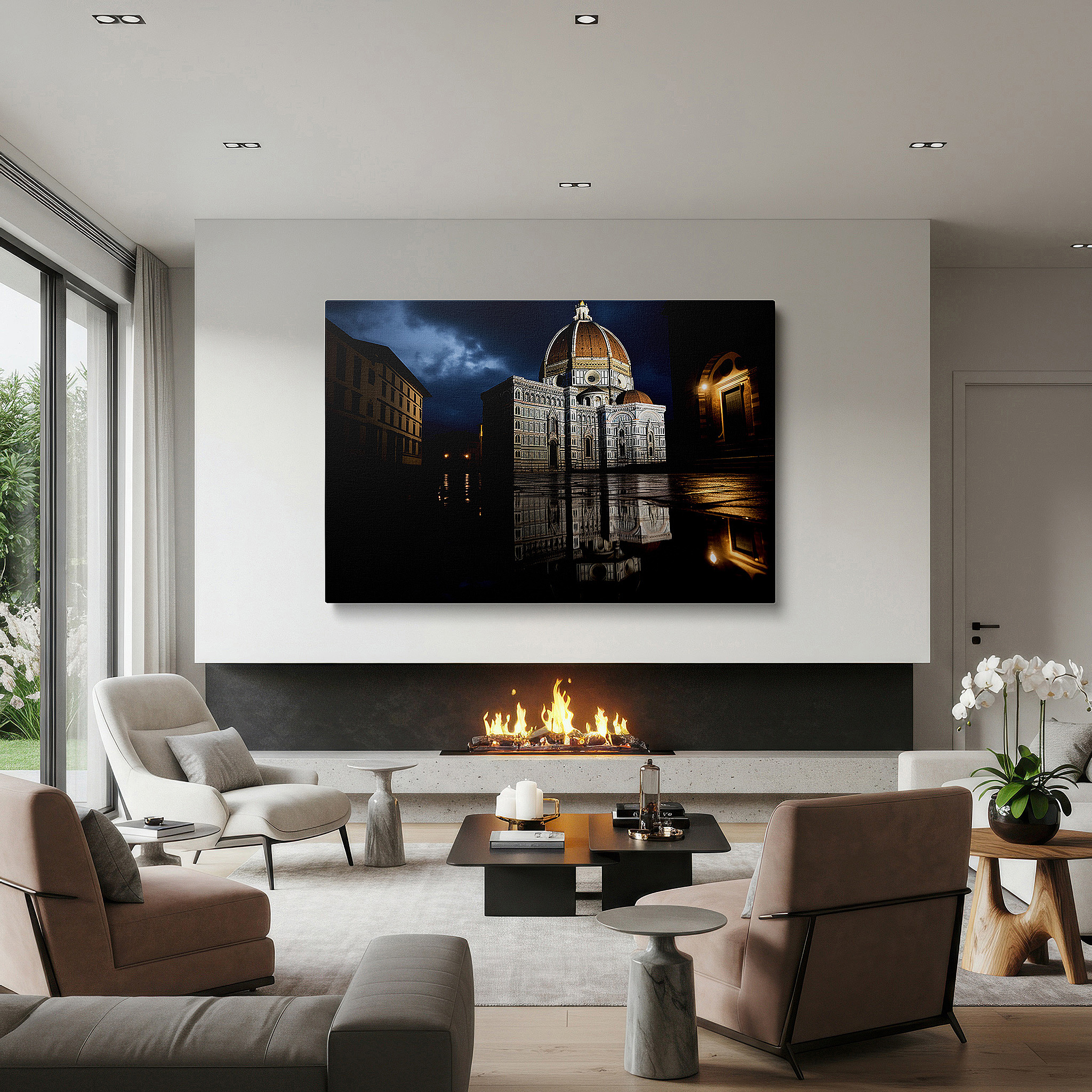 Back view reveals professional finishing and solid wood frame — wall art: florence's duomo - a symbol of hope in stormy reflections. large canvas wall art for office and bedroom decor.