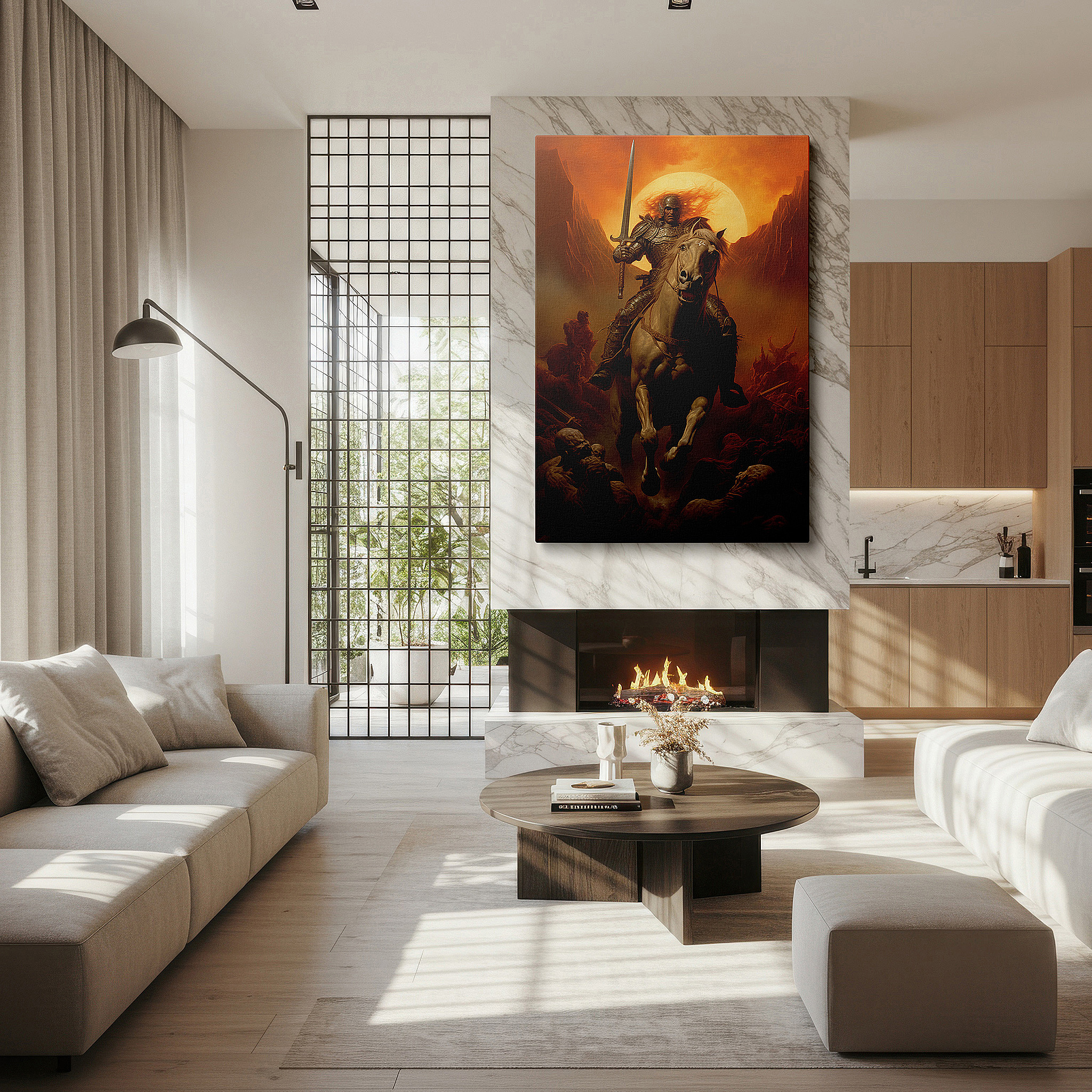 Back view reveals professional finishing and solid wood frame — wall art: "heroism amidst flames - a knight's valor and battle's fury" - large canvas wall art for office and bedroom decor