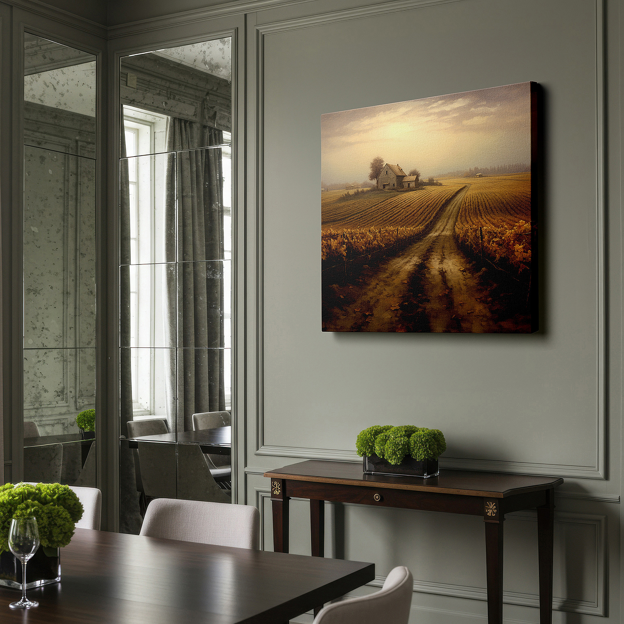 Back view reveals professional finishing and solid wood frame — wall art: serene homestead and vibrant vineyards beneath a gentle dusk sky - large canvas wall art for office, bedroom, and living room decor