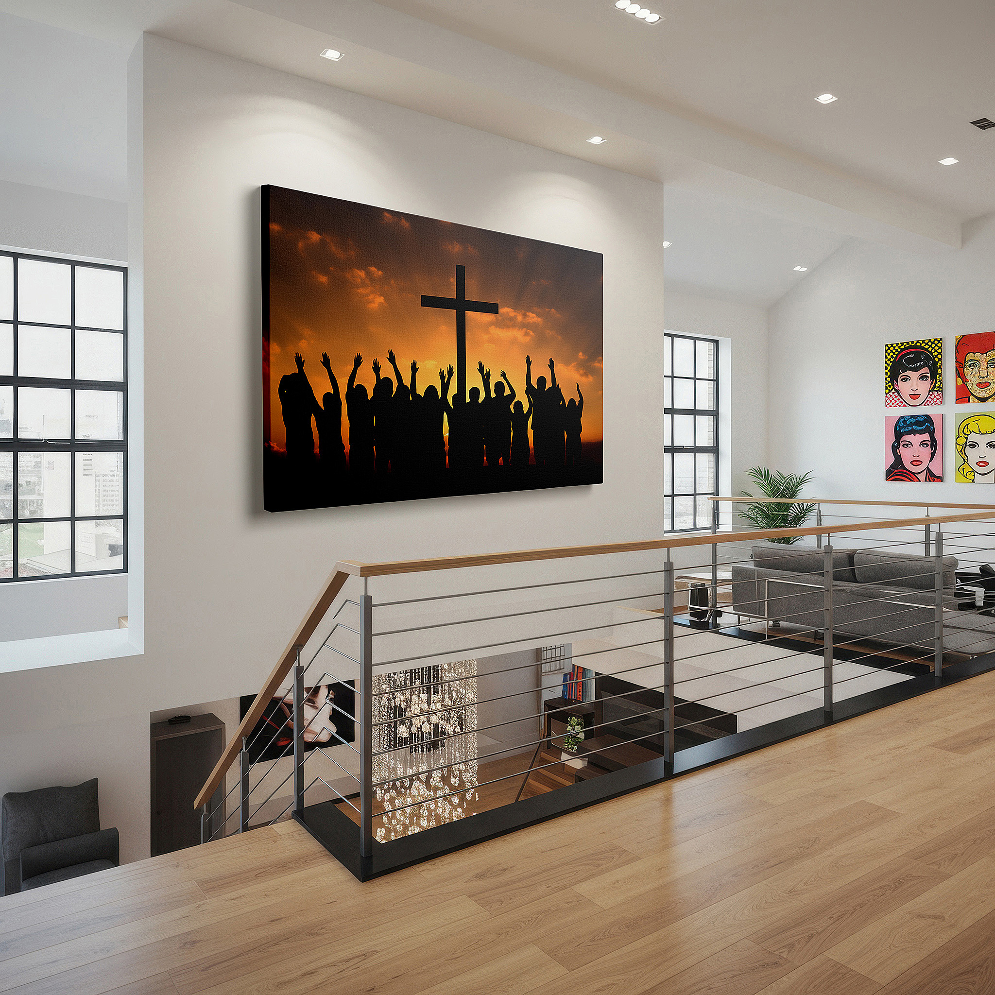 Back view reveals professional finishing and solid wood frame — wall art: "sunset of hope and unity" featuring silhouetted figures around a cross - large canvas wall art for office and bedroom decor