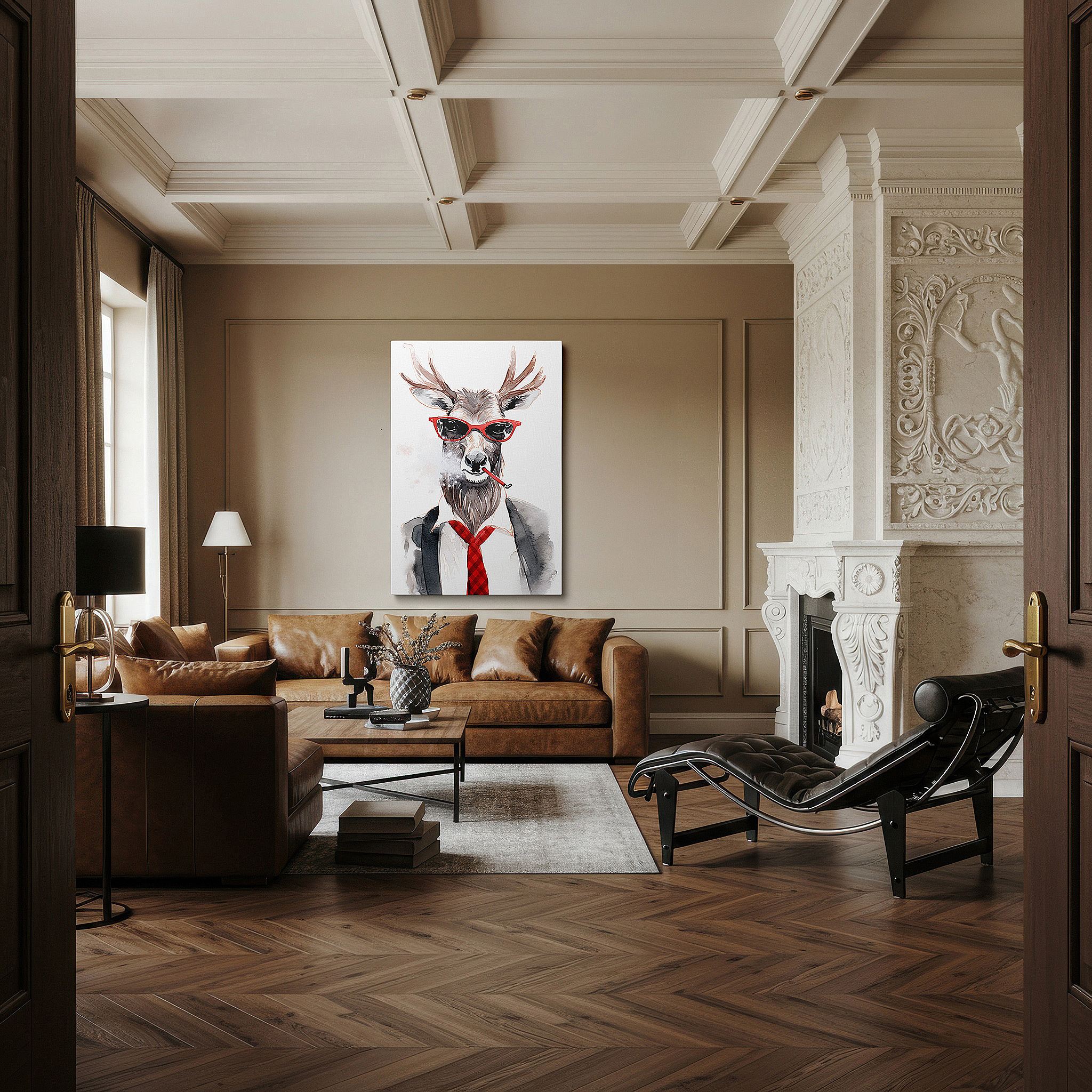 Back view reveals professional finishing and solid wood frame — wall decor: elegant yet playful deer in suit and red sunglasses - large canvas art for office and home