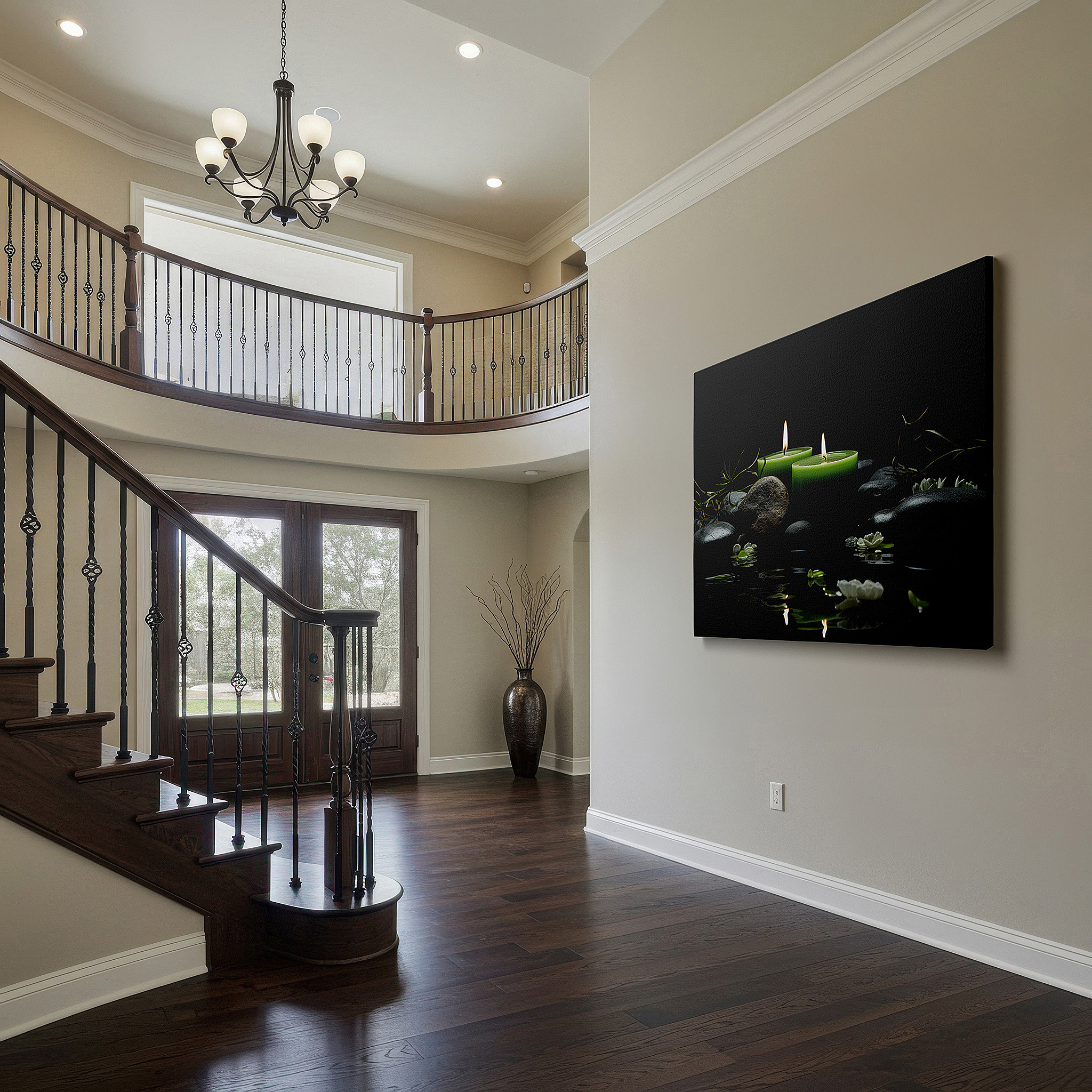 Back view reveals professional finishing and solid wood frame — wall decor: serene green candles and black stones with blooms reflected on water - large canvas art for office and bedroom