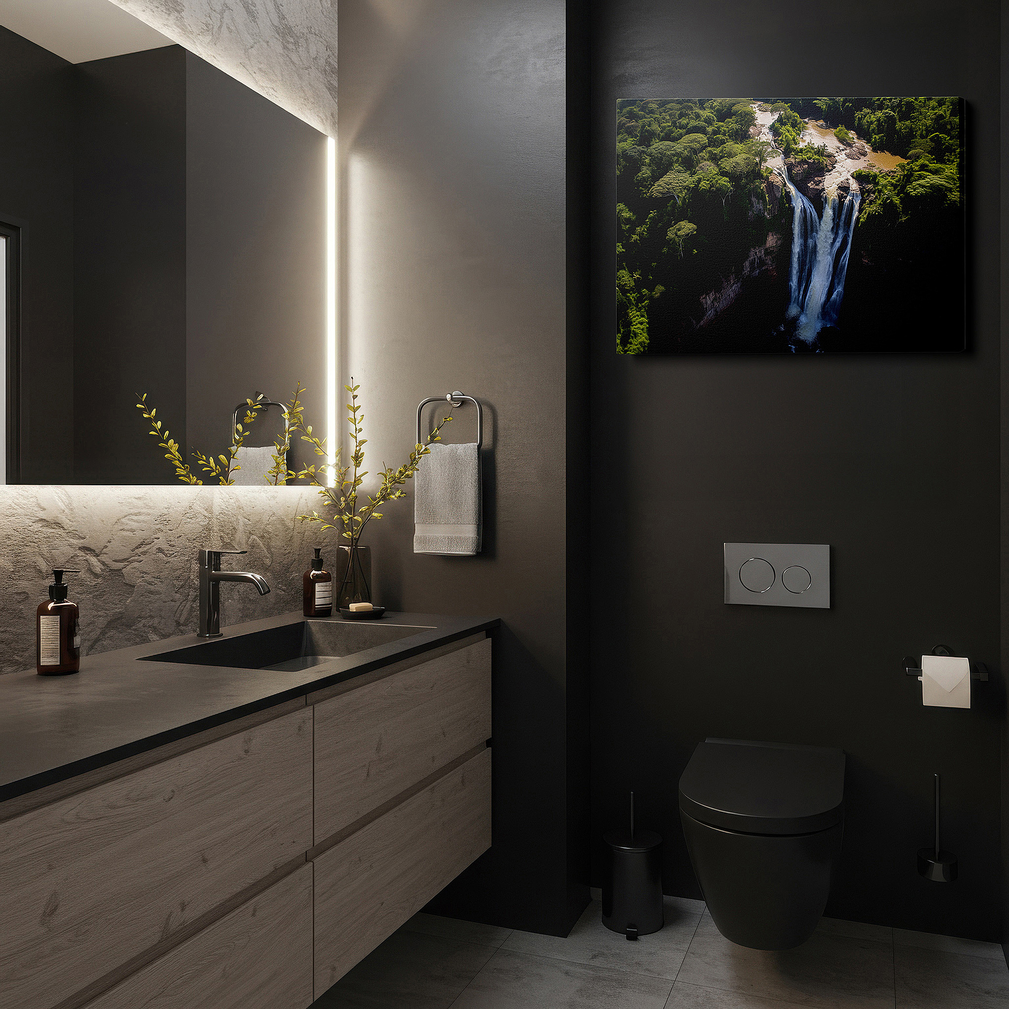 Balanced between two tall indoor plants near a window — aerial view of majestic waterfall in lush rainforest, large canvas wall art for office and bedroom decor