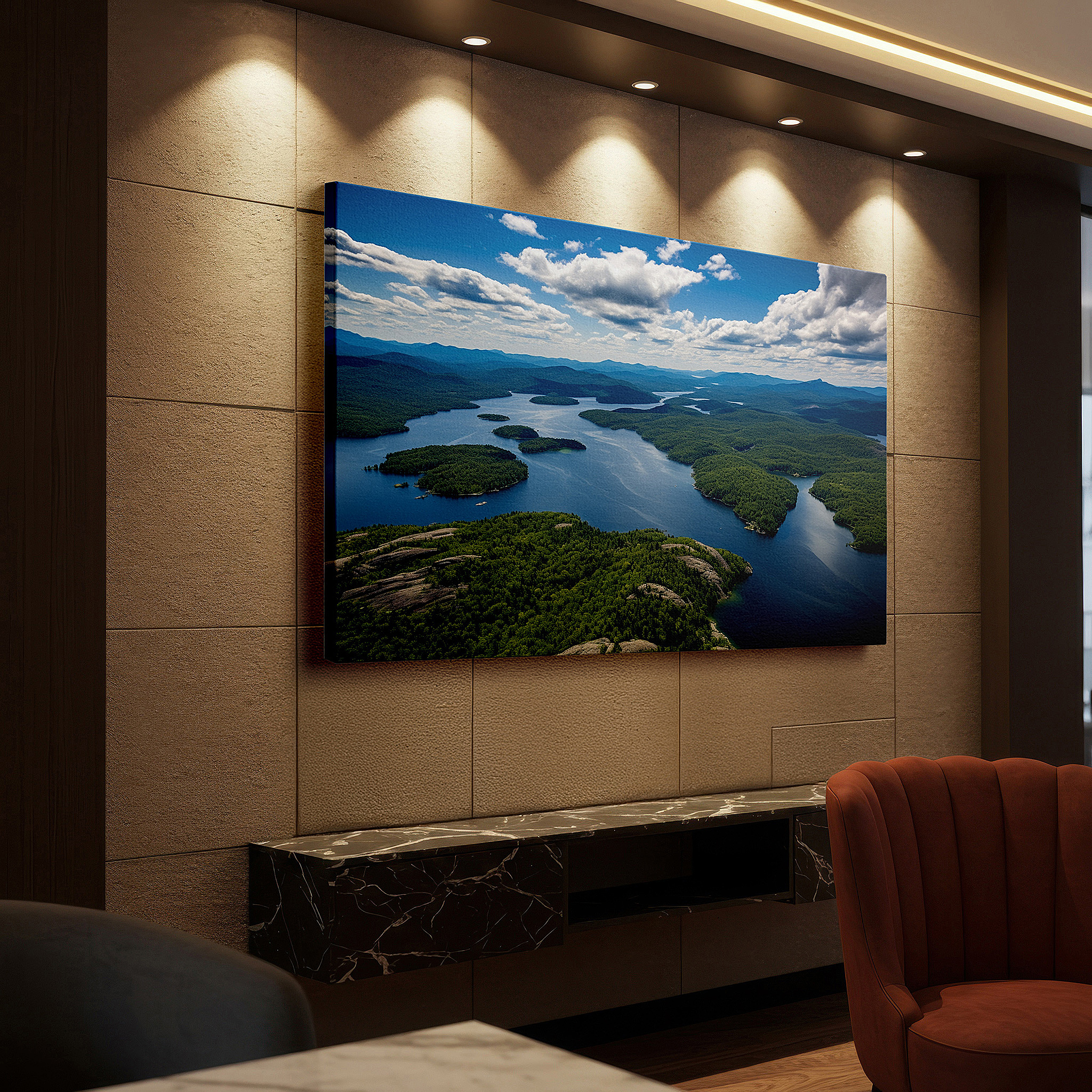 Balanced between two tall indoor plants near a window — aerial view of a serene archipelago in calm waters: vibrant and tranquil large wall art, canvas wall art, wall decor for office