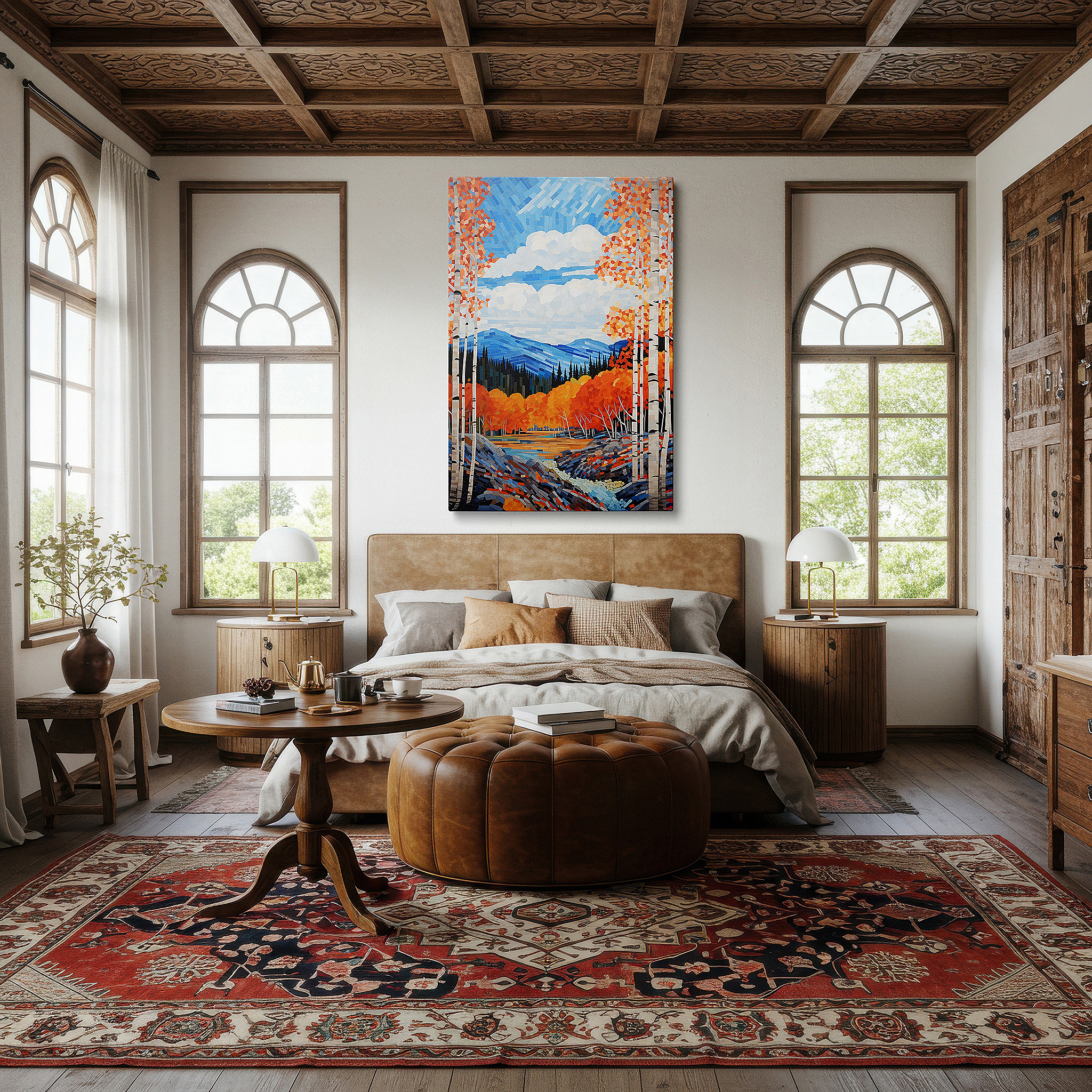 Balanced between two tall indoor plants near a window — autumn majesty: fiery foliage and majestic mountains - large canvas wall art for office, bedroom, and living room decor