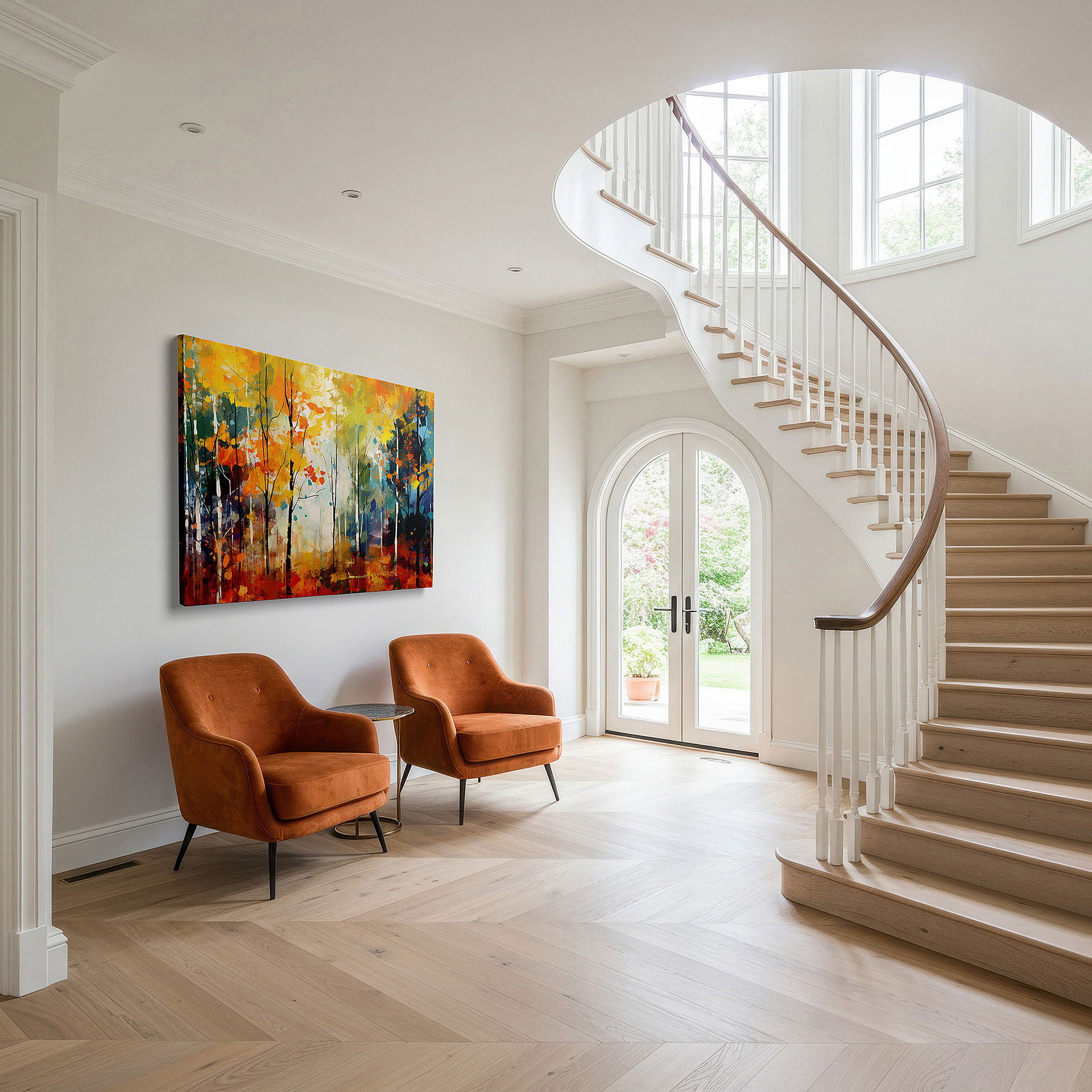 Balanced between two tall indoor plants near a window — autumn symphony - captivating colors and shapes embody the season's spirit large wall art, canvas wall art, wall decor, office wall art