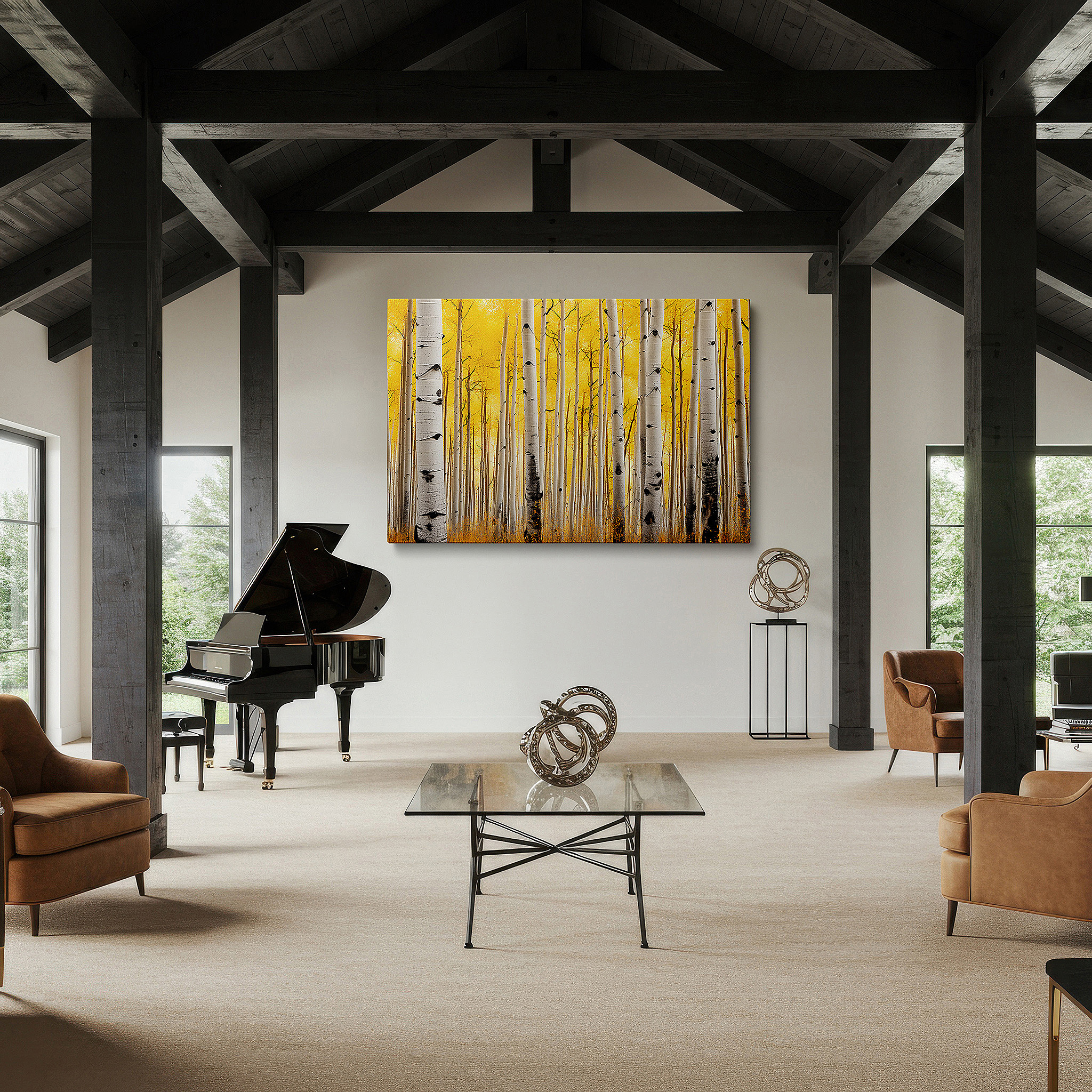 Balanced between two tall indoor plants near a window — autumnal tranquility: aspen grove - vibrant and peaceful nature scene, large canvas wall art for home and office decor